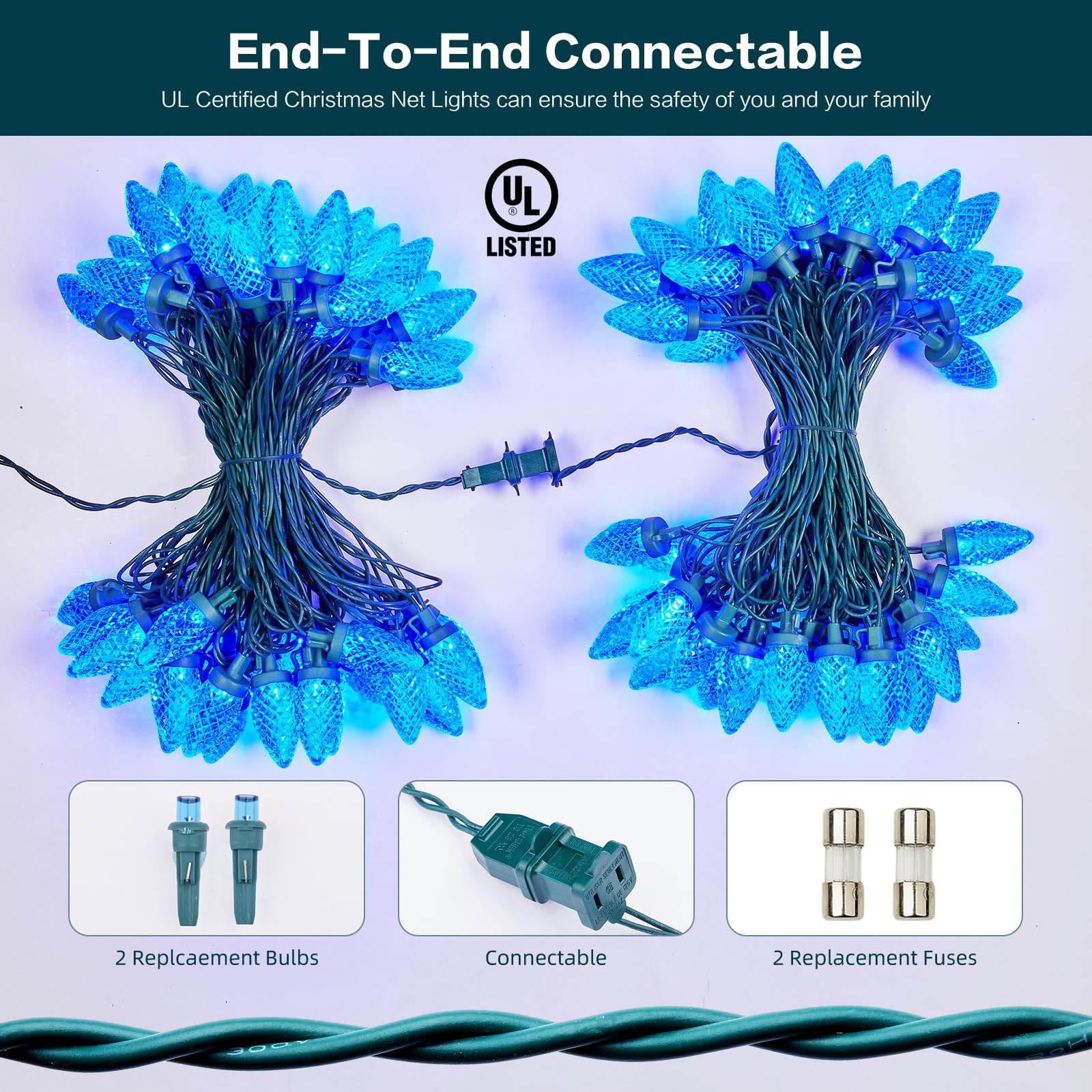 Dirnun 50Led 33Ft Blue C9 Led Christmas Lights, Commercial Grade, Ul Certified, Waterproof, Indoor/Outdoor, Connectable, Wedding