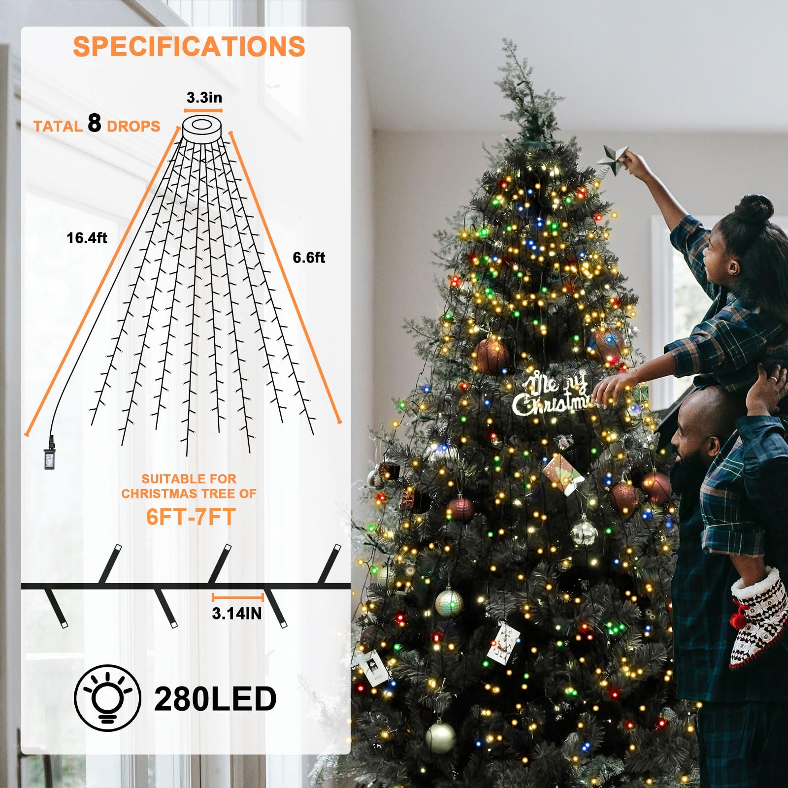 Bolweo Christmas Tree Lights  280Led 8 Lines Christmas Lights For Tree 8 Modes For 6Ft-7Ft Christmas Tree  Ul Certified Indoor Outdoor Christmas Decorations 8 * 6.6Ft Drops Multi-Color