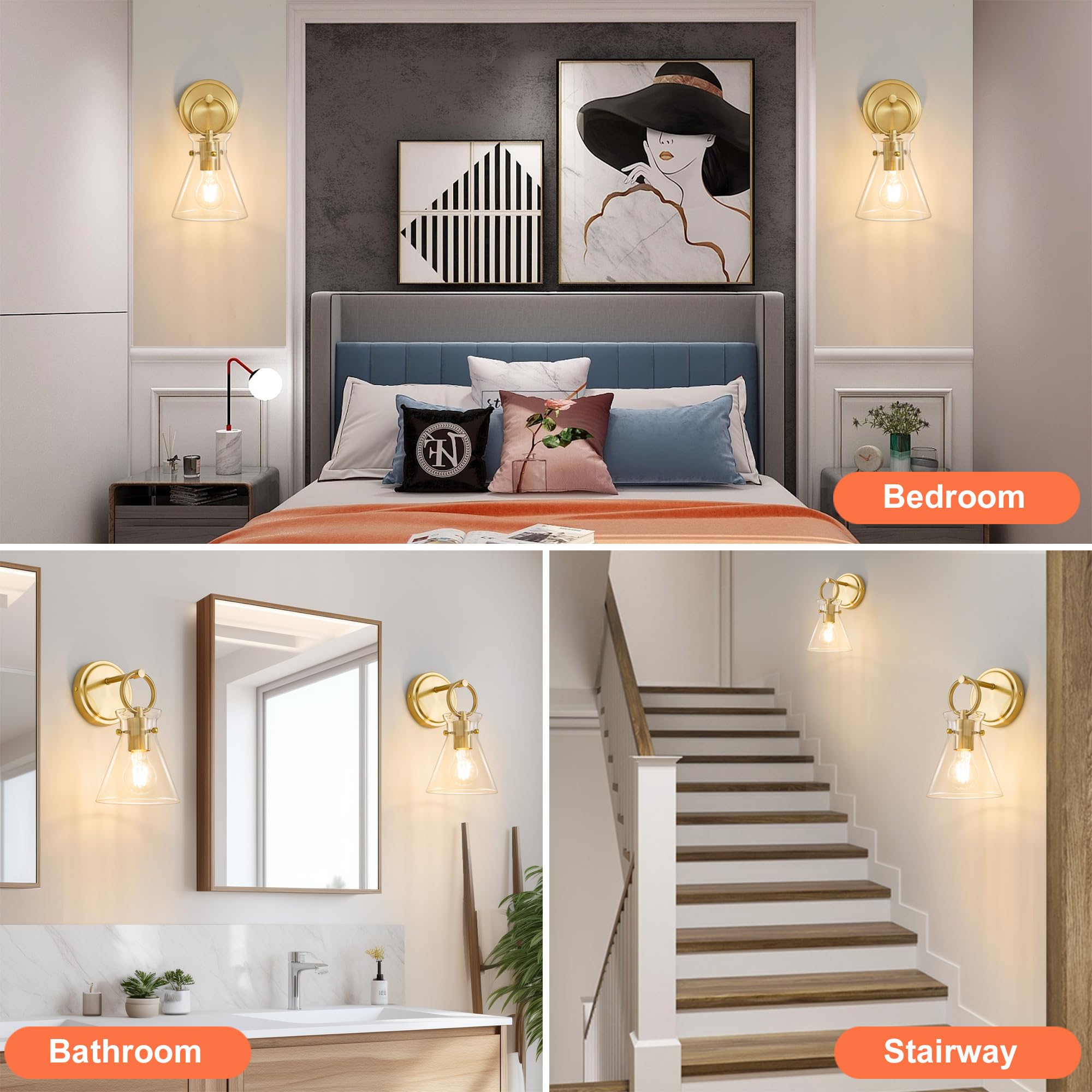 Gednbo Gold Wall Sconces Set Of 2 Modern Vanity Light Fixtures For Bathroom Wall Mount Lighting Lamp Hardwired Farmhouse Wall Lights With 6 Inch Clear Glass Shade For Bedroom Living Room Mirror
