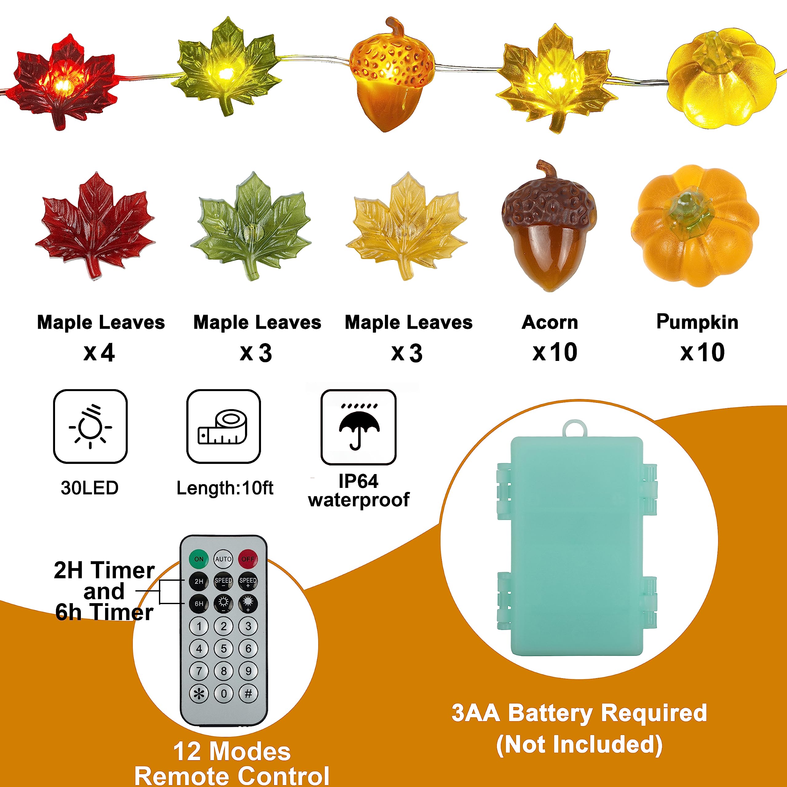KAiSnova 10FT 30 LED String Lights, Pumpkin Maple Acorn, Battery Operated Fall Decorations for Home and Parties