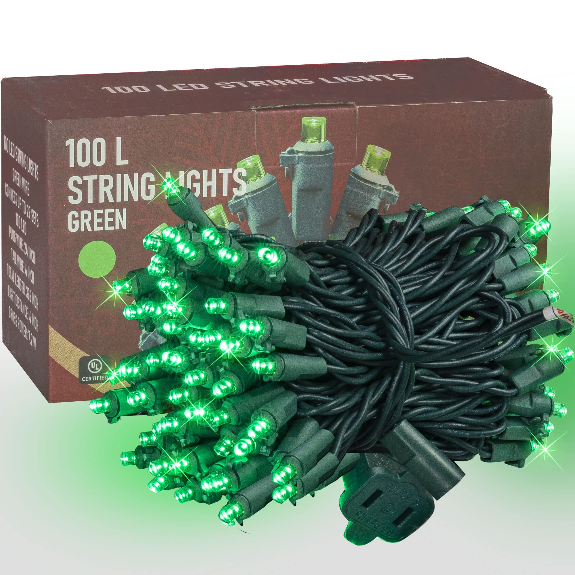 Dazzle Bright String Lights, 100 LED, 33FT Waterproof Connectable, Green, UL Certified for Indoor/Outdoor Use