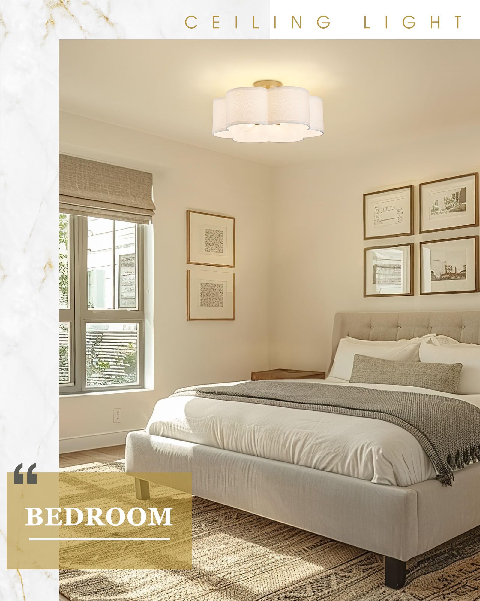 Audickic Gold Semi Flush Mount Ceiling Light, 6-Light 18Inch Ceiling Light Fixtures With Fabric Drum Shade In Flower Shape, Farm