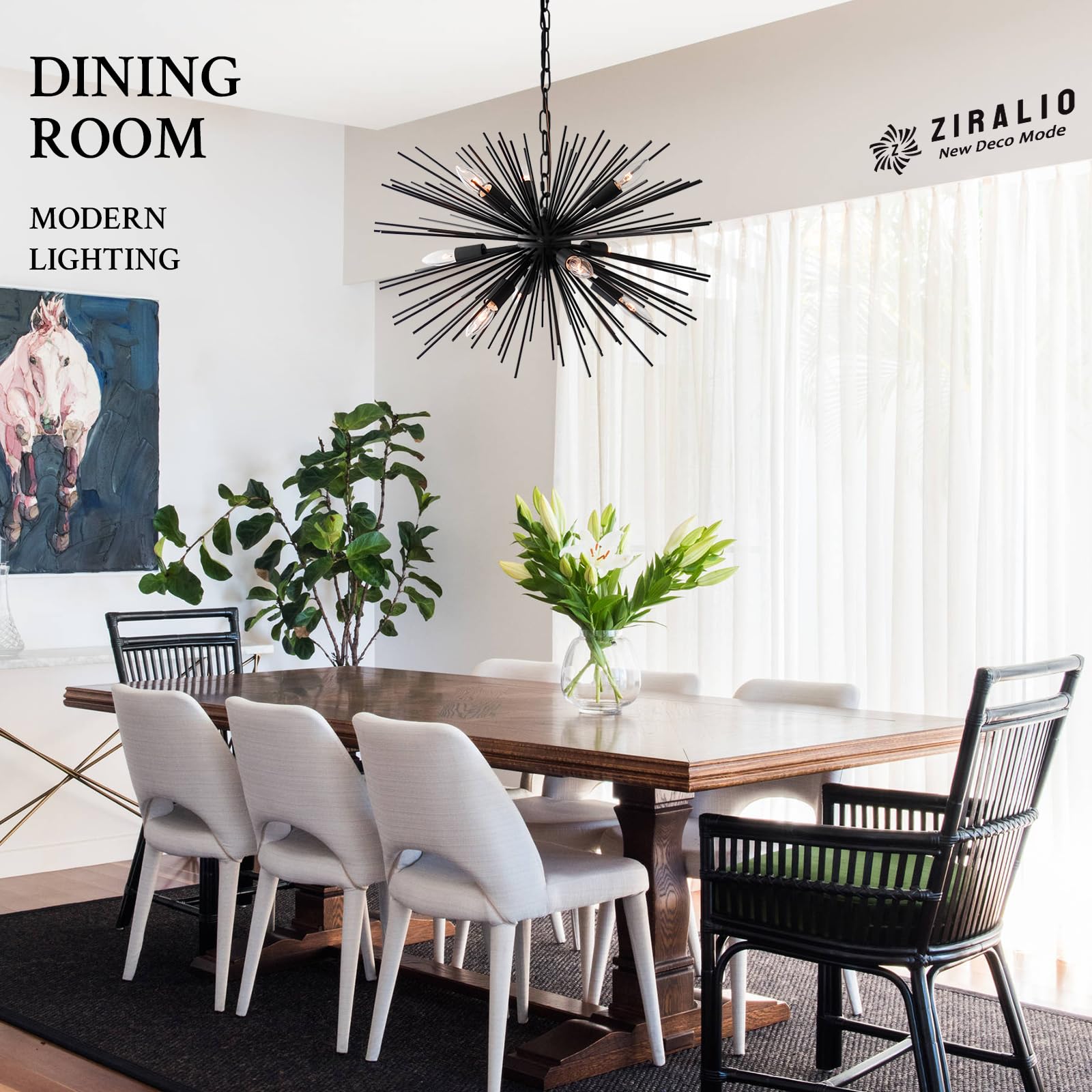 Ziralio Modern Black Sputnik Chandelier 9-Light Dining Room Chandelier Light Fixture For Living Room, Bedroom, Kitchen, Entryway