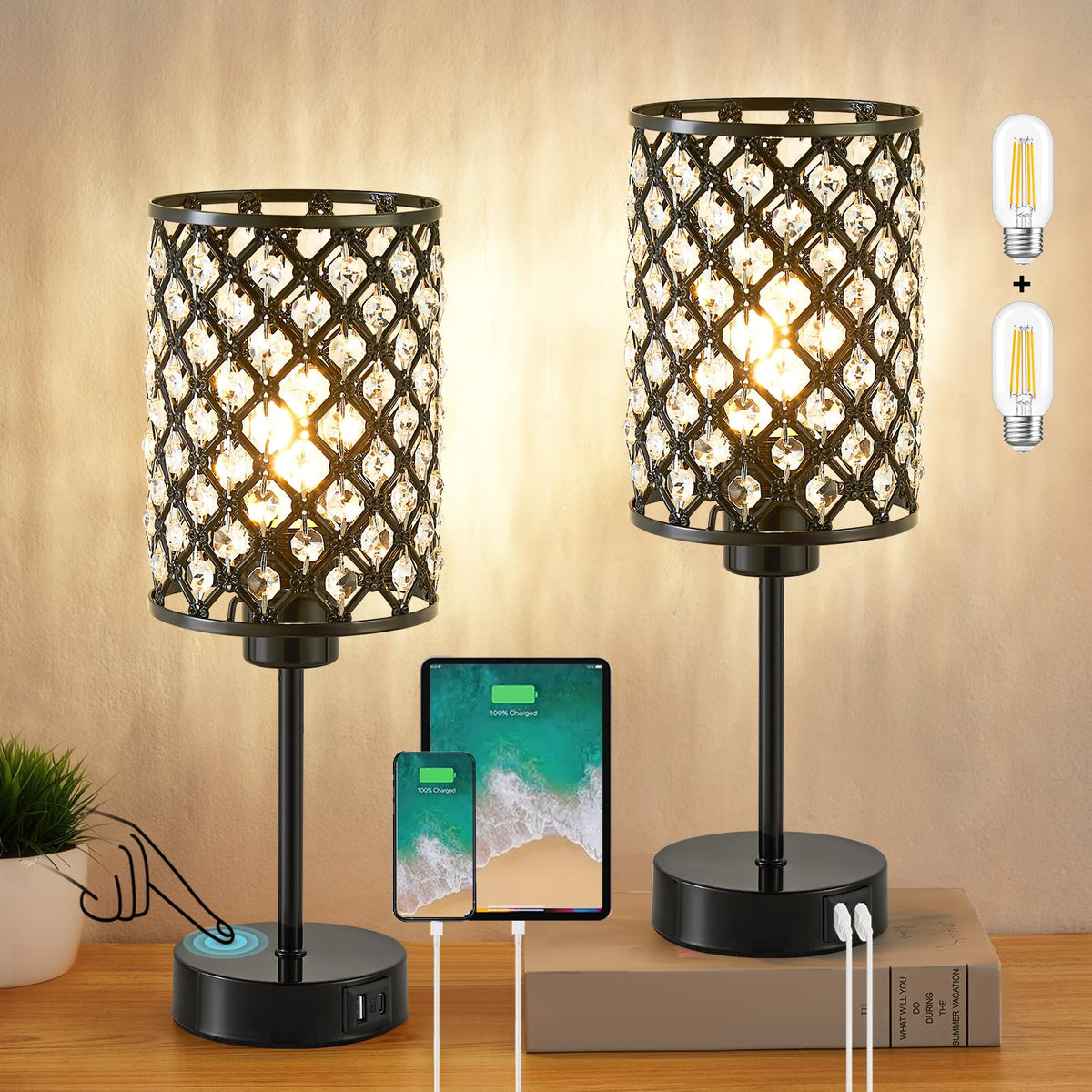 Customer Lamp Touch Control Table Lamp, Black Crystal Table Lamps Set Of 2 With 2 Us ...