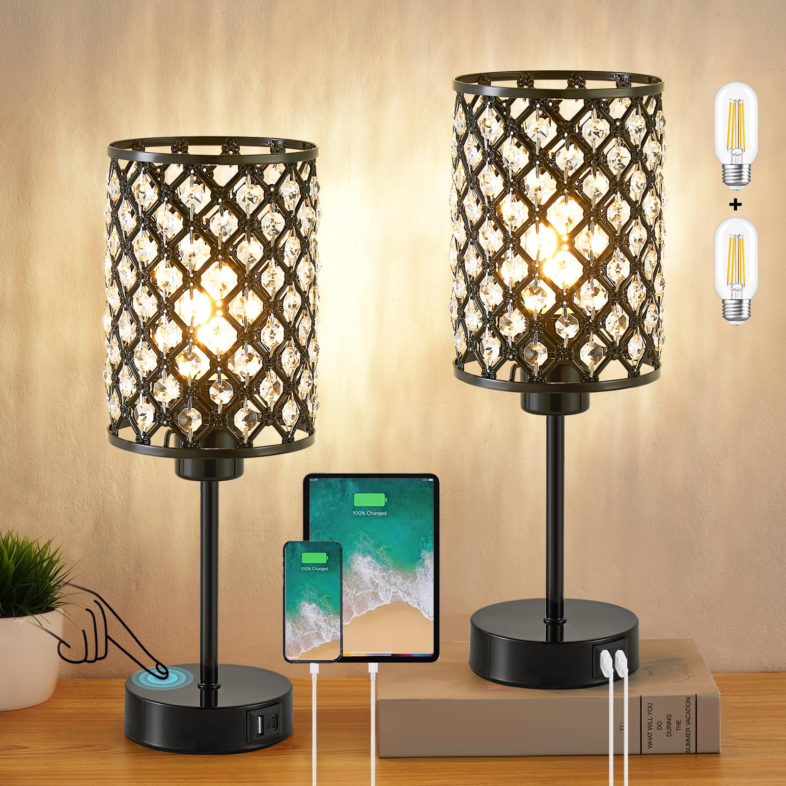 Touch Control Table Lamp, Black Crystal Table Lamps Set Of 2 With 2 Usb Charging Ports, 3-Way Dimmable Bedside Nightstand Lamps 