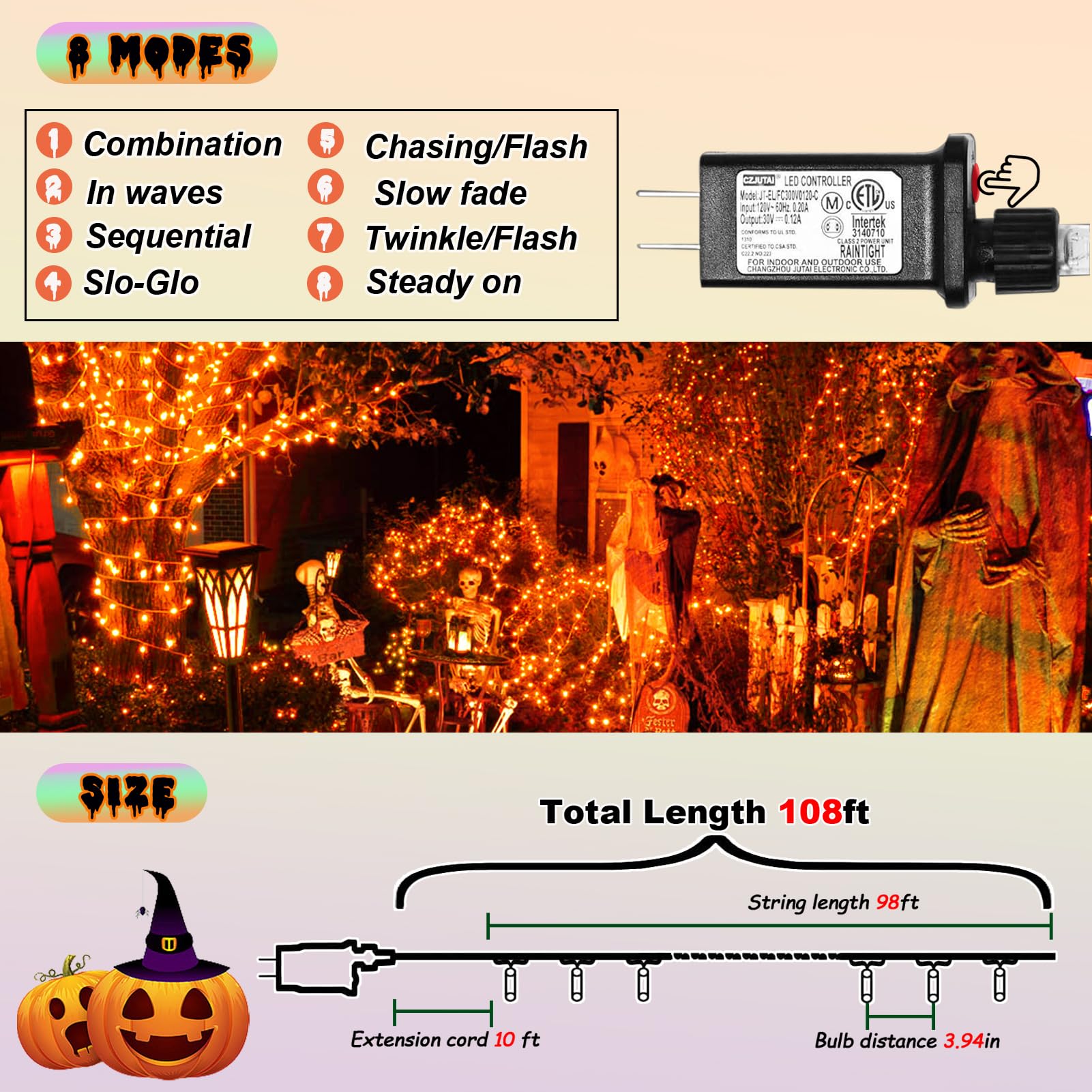 Illuminew 300 Led Orange String Lights Outdoor Halloween Decorations, 108 Ft Thanksgiving Decor Lights 8 Modes Fairy Lights For