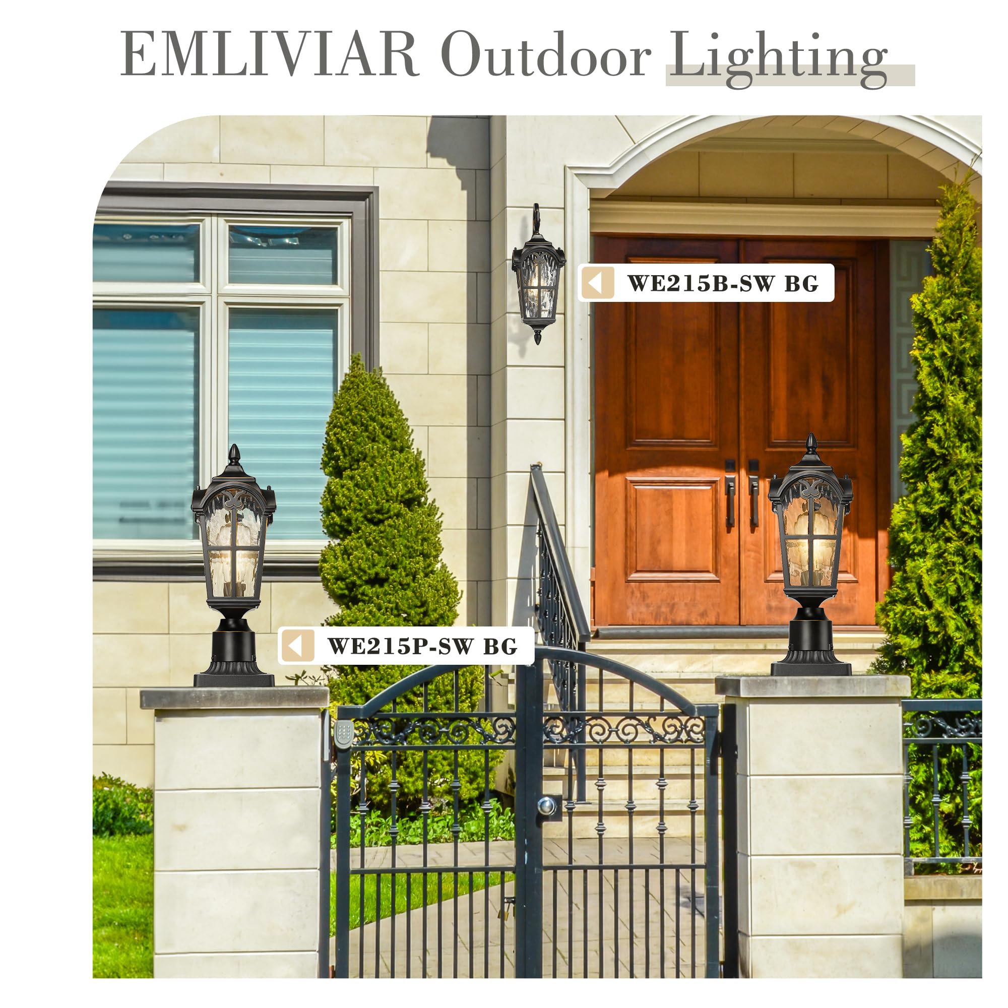 Emliviar Vintage Outdoor Lighting Fixture Wall Sconces With Water Ripple Glass  17.5 Front Porch Wall Lantern  Black Finish With Gold Edges  We215B-Sw Bg