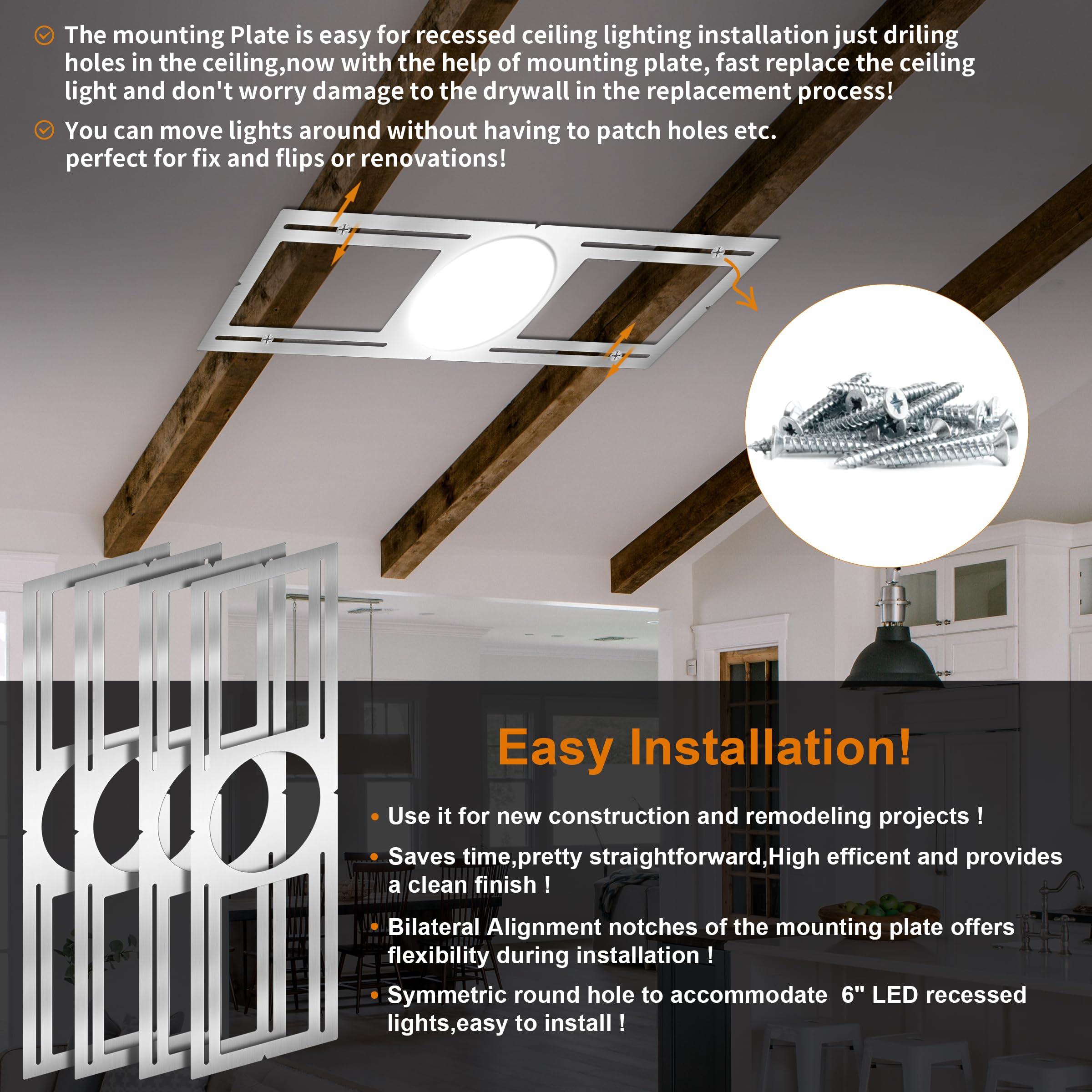 MULMART 6 Inch New Construction Mounting Plate for LED Recessed Lighting, Metal, 12 Pack, Silver