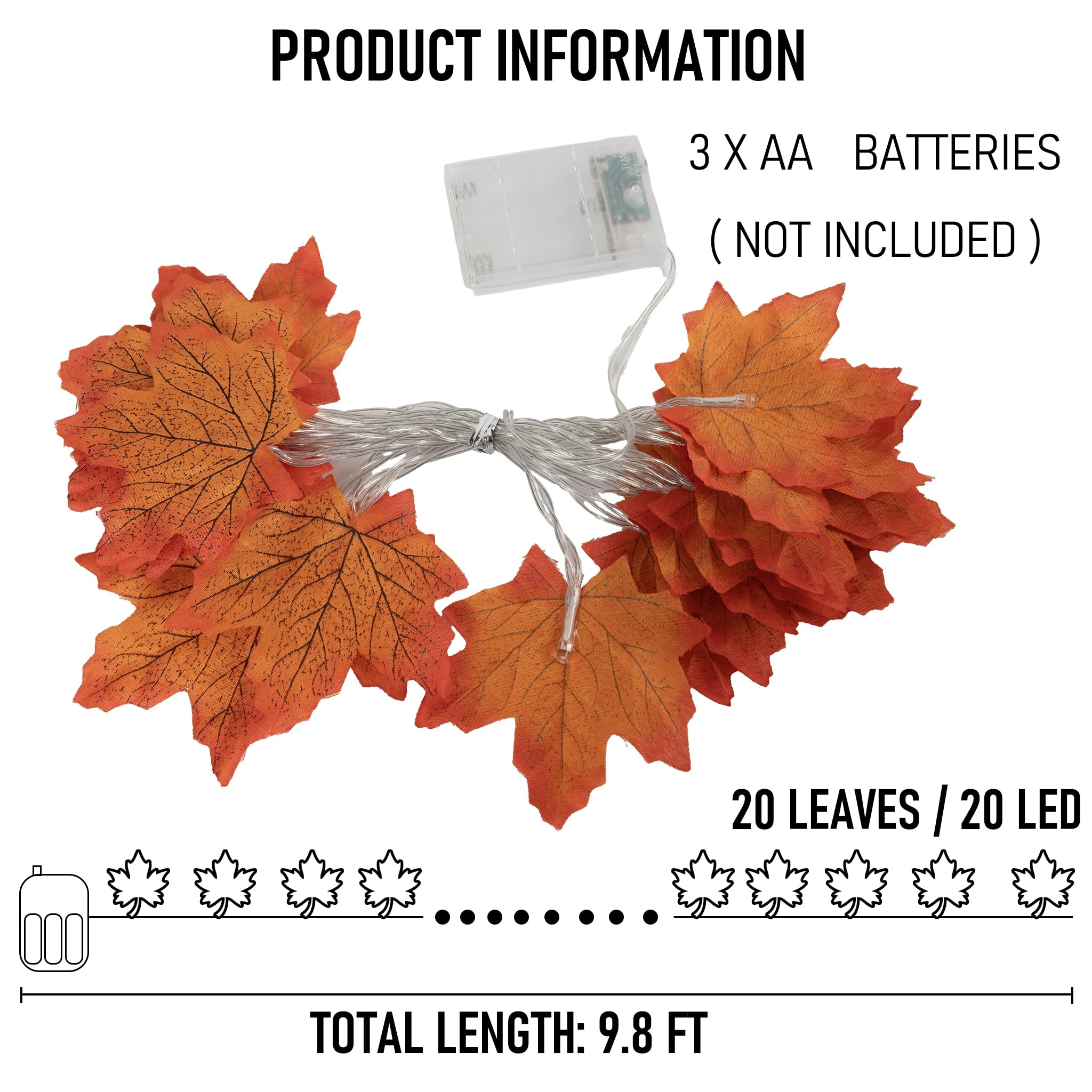 Dazzle Bright Maple Leaf String Lights, 40 LED, 20FT, Battery Operated, 2 Pack, Orange Fall Decorations