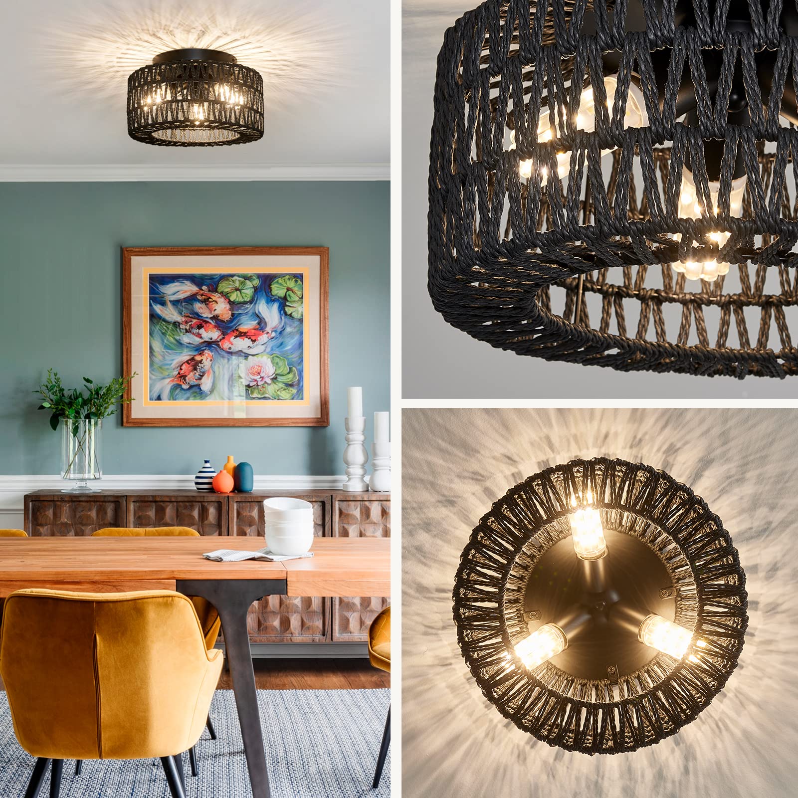 Rattan Light Fixtures Ceiling Mount, 3-Lights Boho Flush Mount Ceiling Light, Hand-Woven Cage Shade Lamp Lighting, Rustic Rattan Chandelier For Hallway Bedroom Kitchen Farmhouse Foyer Entryway (Black)