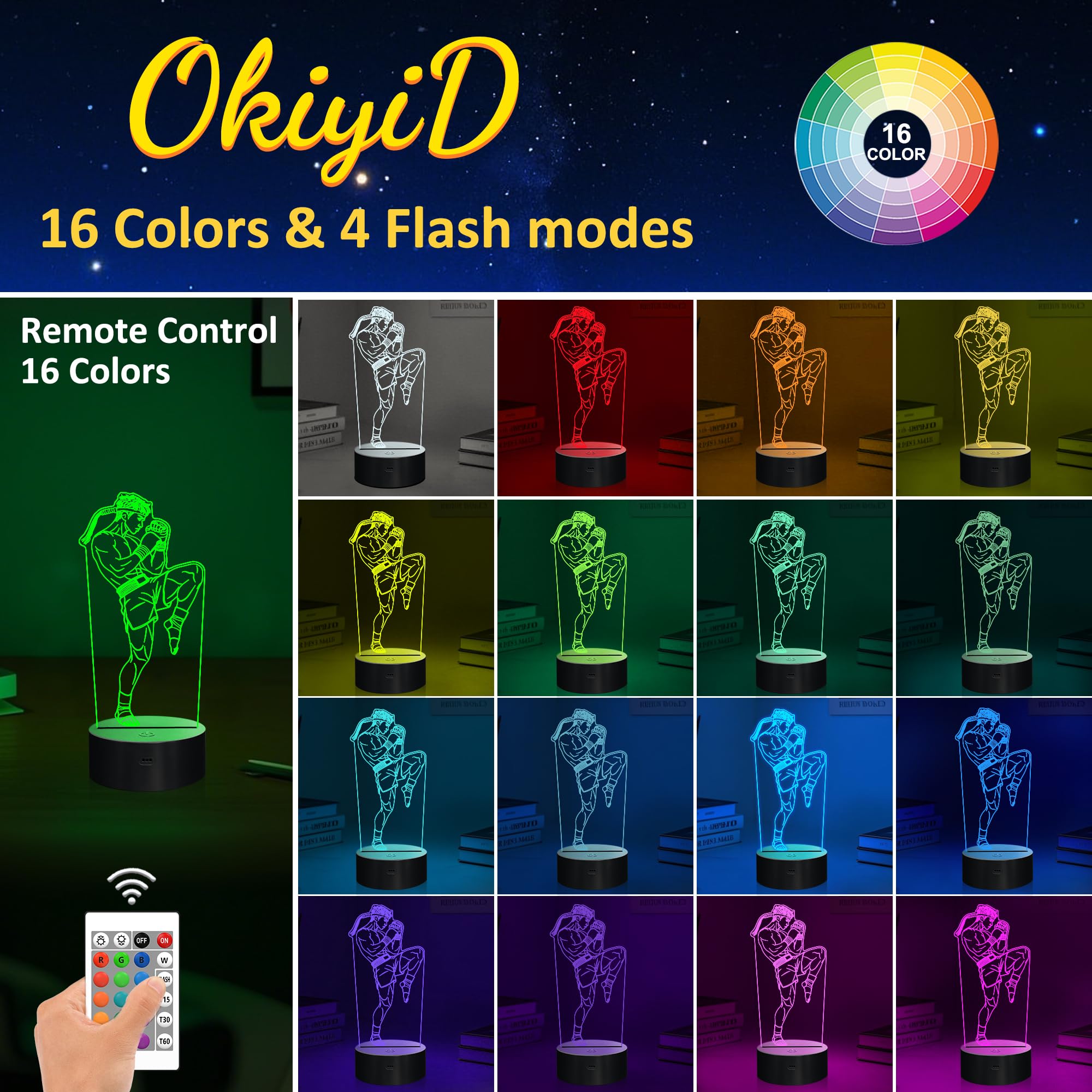 OkiyiD Muay Thai Gifts for Men, 3D Muay Thai Night Light Illusion Lamp with 16 Colors Remote Control, Martial Art MMA Gift for K