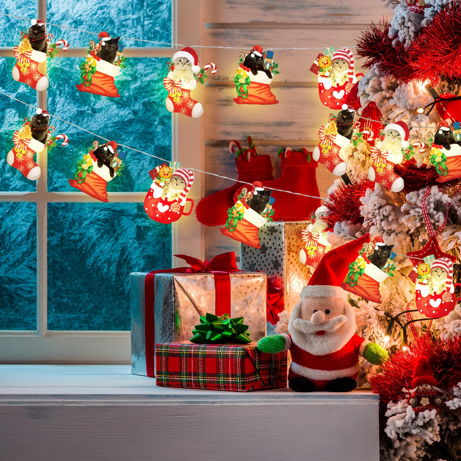 Ganeen Christmas String Lights 20 Led 10 Ft Cute Hanging String Lights For Christmas Tree Battery Operated Indoor Holiday Lights For Xmas Party Decorations Outdoor Mantel Fireplace(Cute Cat)