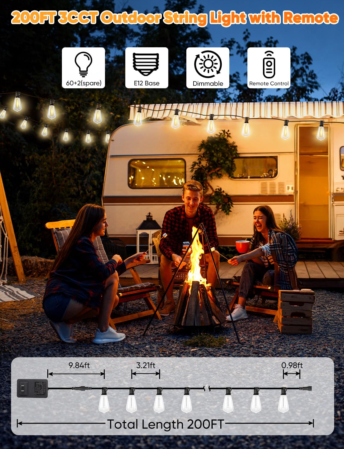 Brightever 200FT Outdoor String Lights, 60+2 Vintage Edison Bulbs, Remote, 3 Modes, Dimmable, Black, CMPC-O25XA