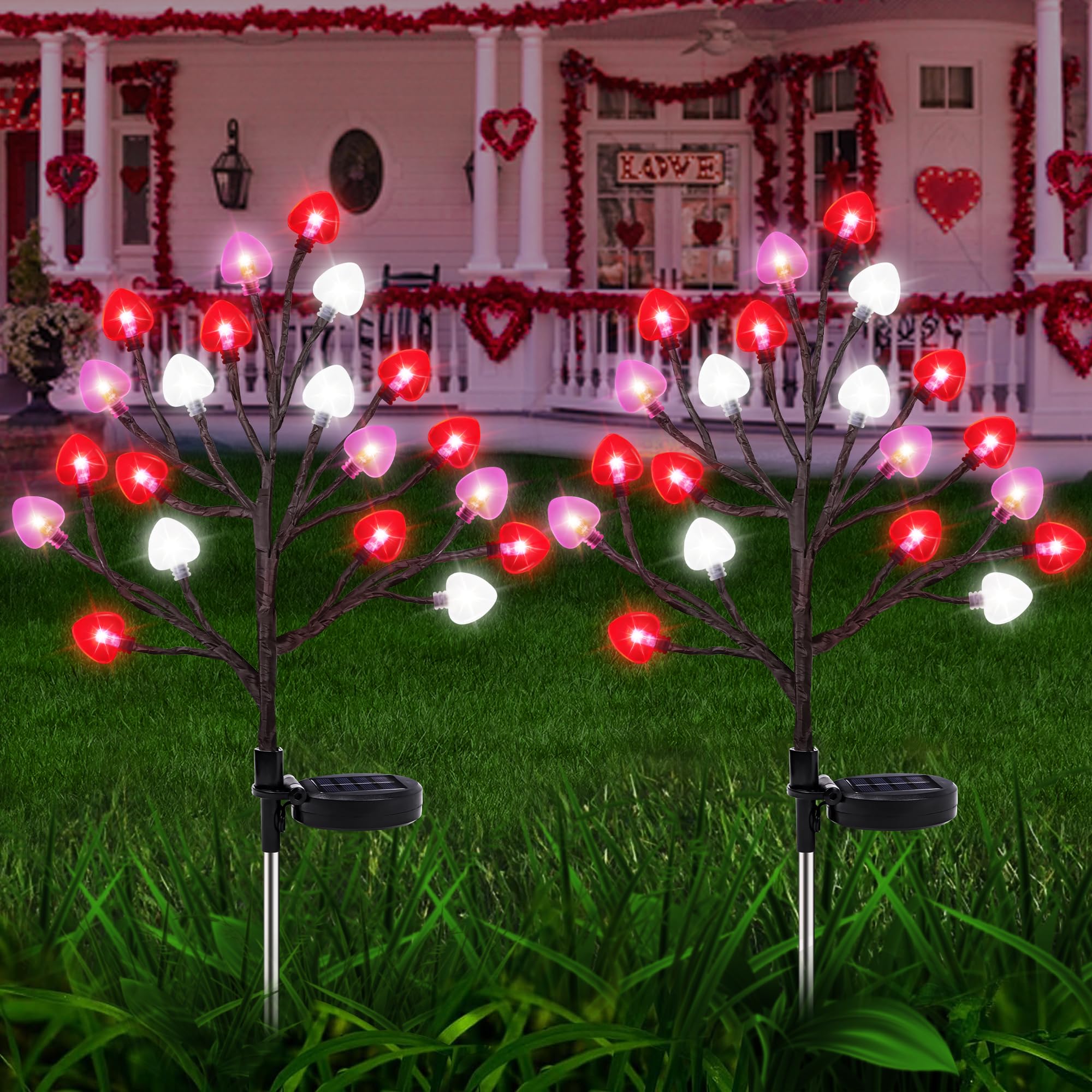 2 Pack Valentines Day Solar Outdoor Lights, Valentines Day Decor Red Pink White Heart Solar Valentine Lights, Valentines Day So