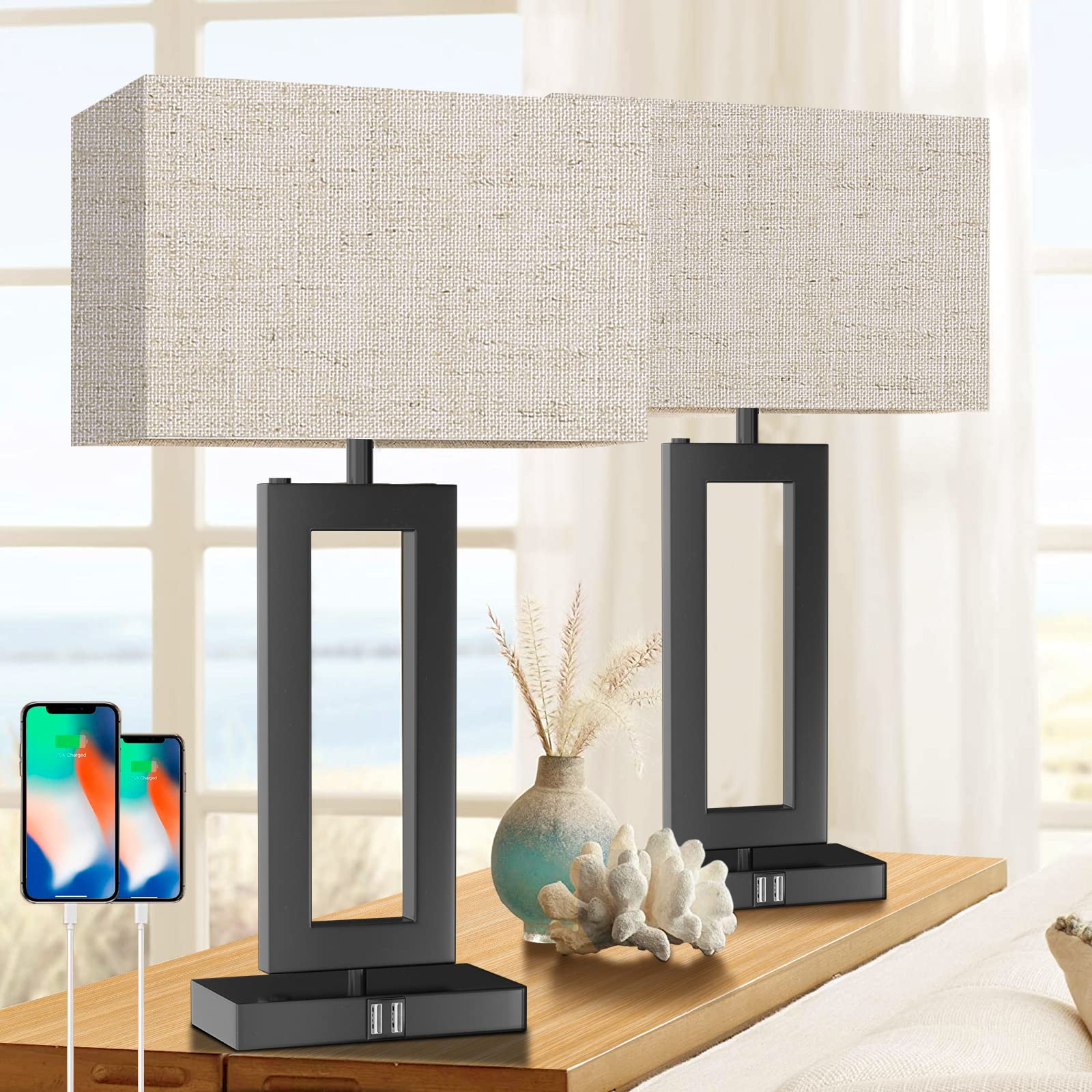 Momyofdy Tall Table Lamps For Living Room Set Of 2, Modern Bedside Lamps W. 2 Usb Ports, 3-Way Dimmable Touch Control Nightstand