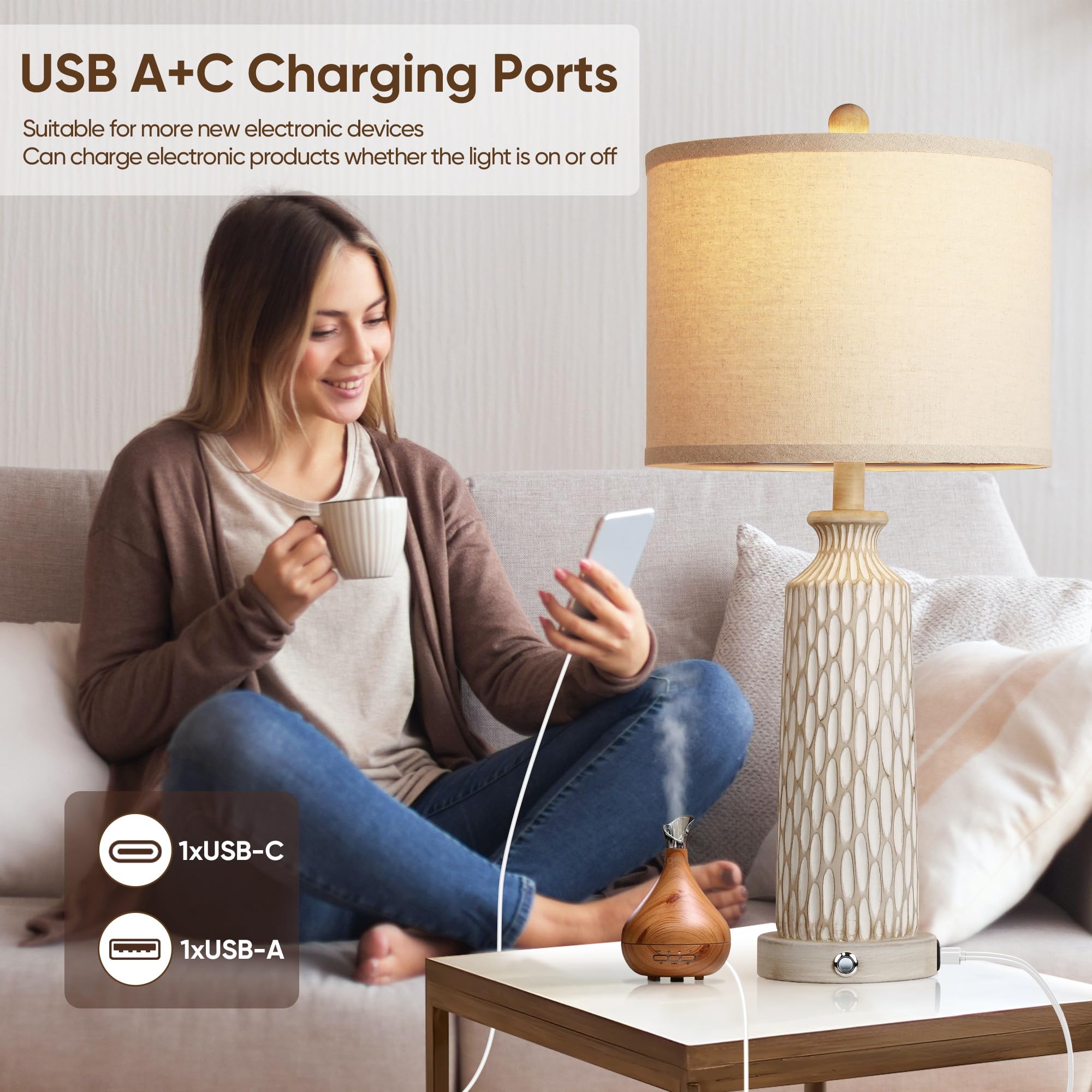 Qimh Table Lamp For Living Room With Usb A+C Ports, Farmhouse Bedside Lamps For Bedroom Set Of 2, Touch Control 3-Way Dimmable,