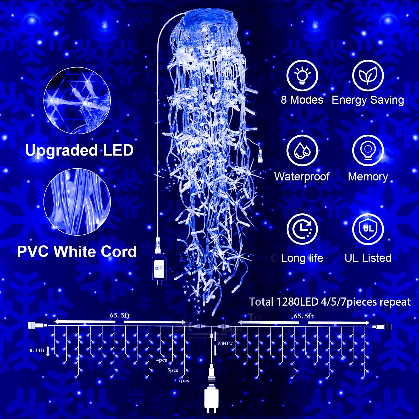 JXLEDAYY LED String Lights, 1280 LEDs, 131 FT, 8 Modes, Blue, Copper, Model BG-CL3M3-306L01, Indoor/Outdoor