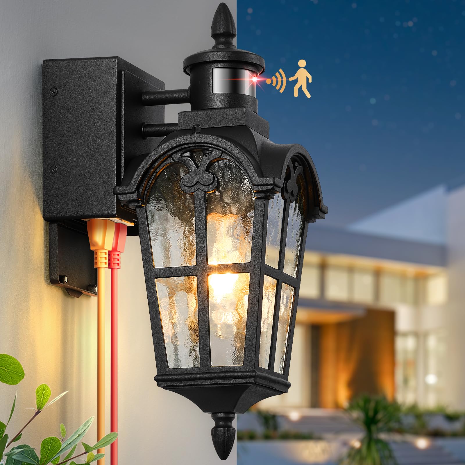 Opaxis Motion Sensor Outdoor Lights With Gfci Outlet  16.4 H Black Porch Light Outdoor  Dusk To Dawn Outside Lighting For House  Aluminum Anti-Rust Outside Light Fixtures Wall Mount For Garage Patio