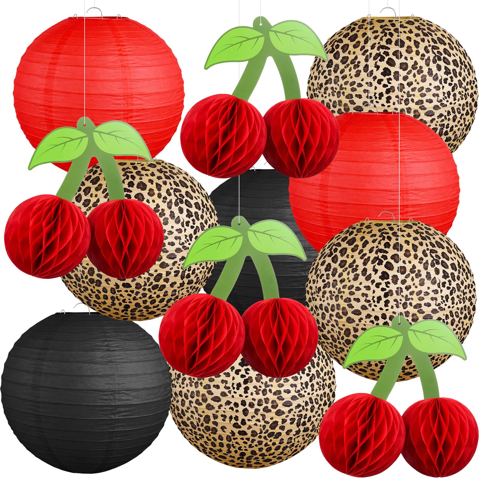 Baquler 12 Pieces Cheetah Print Party Decorations Leopard Cheetah Paper Lanterns Hanging Ornaments Red Pink White 3D Honeycomb B