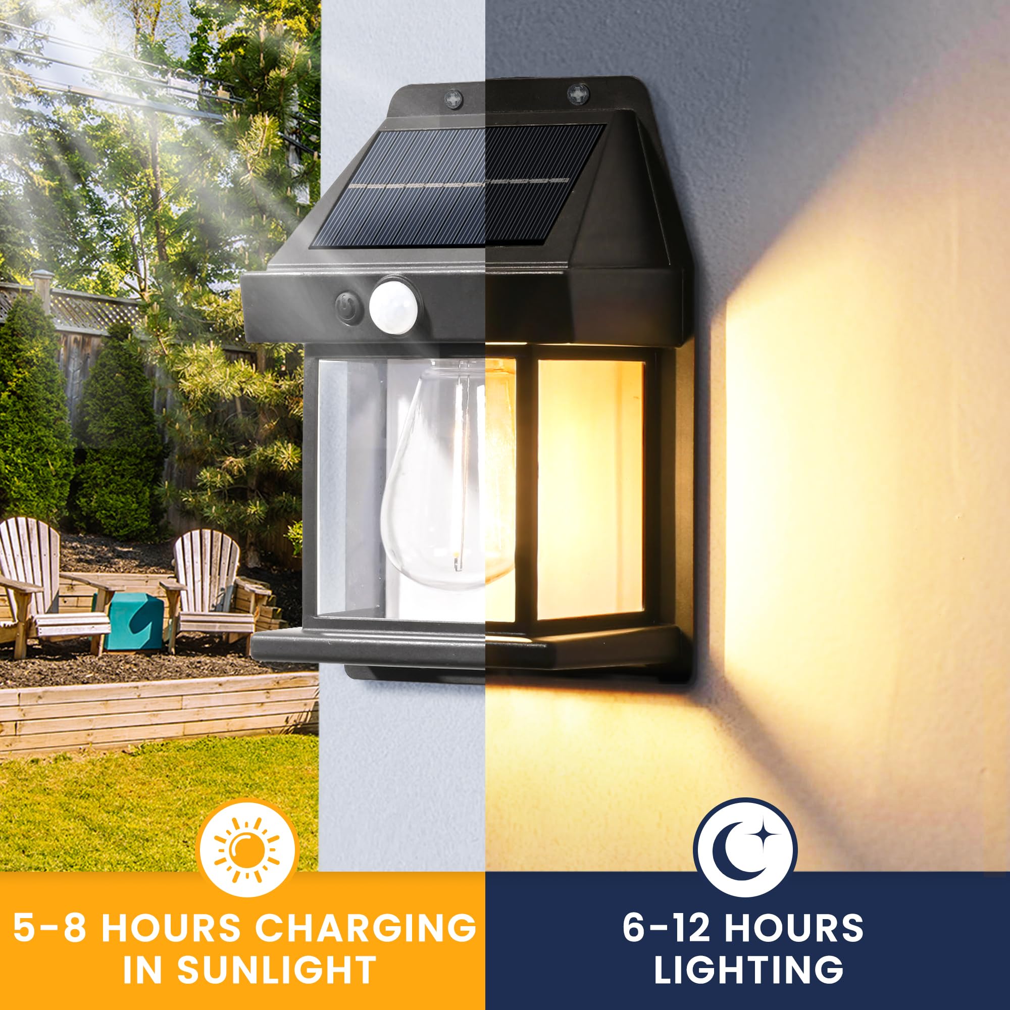 GIGALUMI Solar Wall Lights, 2 Pack Motion Sensor, Waterproof, Dusk to Dawn, Black Shell, Model 9457 for Patio, Garage, Shed
