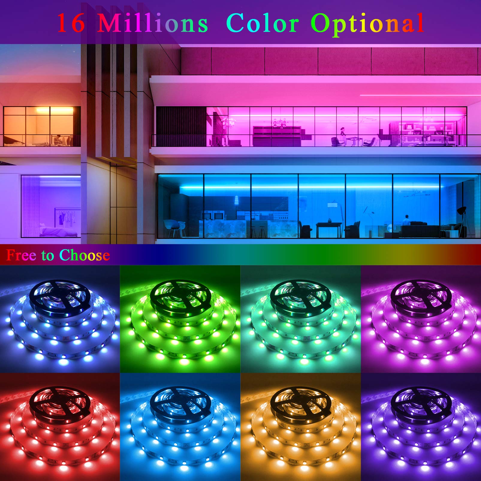 Qzyl 75Ft Led Lights For Bedroom, Rgb Led Strip Lights For Living Room, Party Decor With Dimmable Lighting, Bright Adjustable Co
