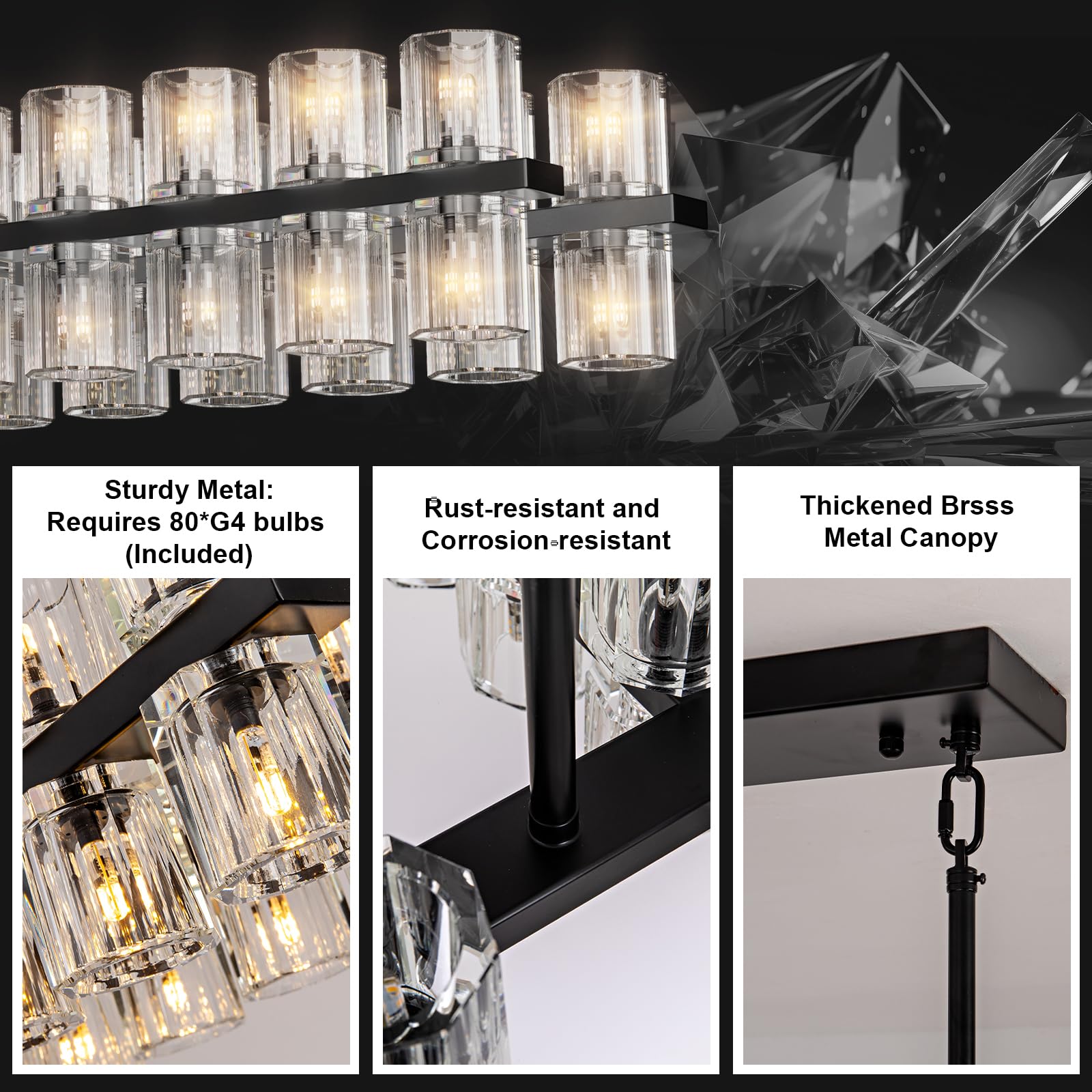 Plsintly Crystal Black Rectangular Chandelier Light Fixture,72 In Large Dining Room Chandelier Over Table,Modern Chandeliers For