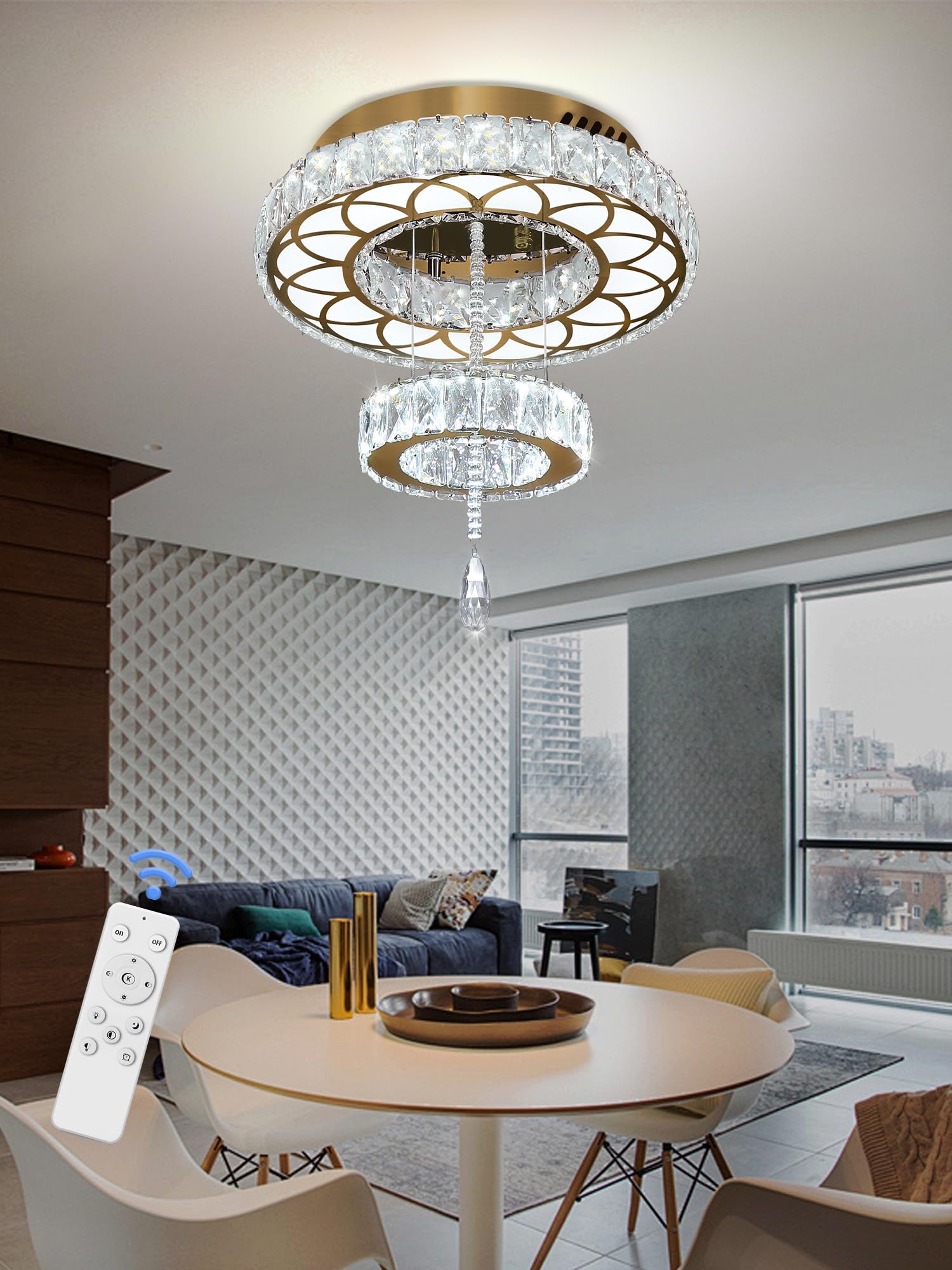 Flashing God 16" Crystal Chandelier LED Flush Mount Ceiling Light, Gold, Dimmable 2700K/4500K/6000K, Model MMQ0268-40-J