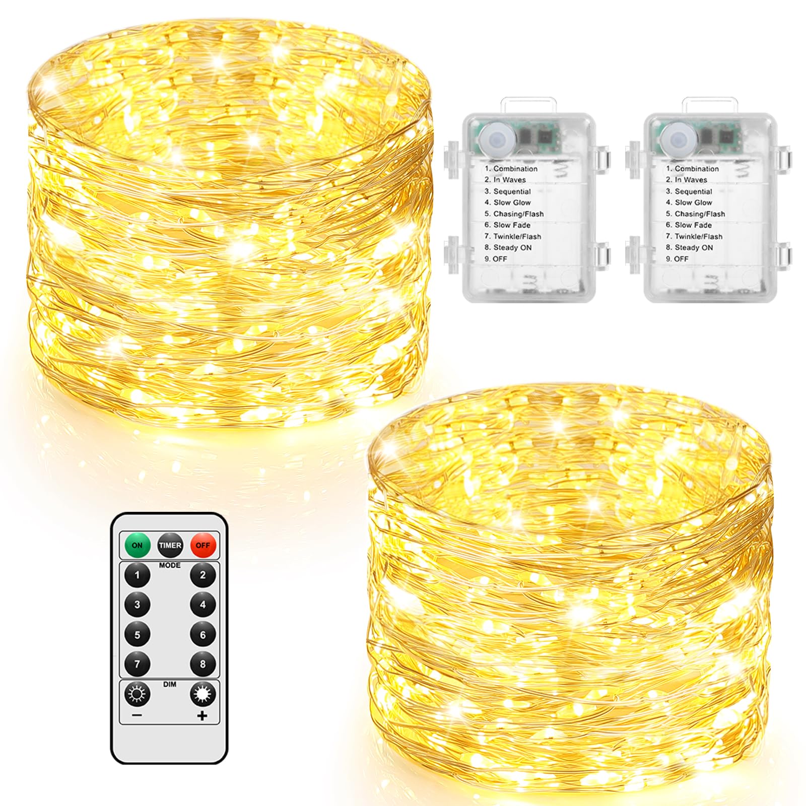 2 Pack 33FT 100 LED Fairy Lights Battery Operated with Timer & Remote  Waterproof Twinkle Lights Indoor Outdoor  8 Modes Fairy String Lights for Bedroom Classroom DIY Wedding Decorations Warm White