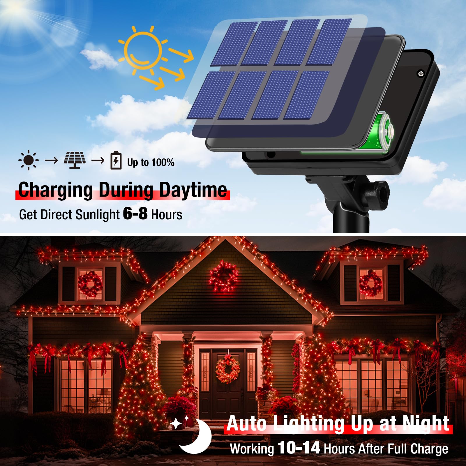 btfarm 2 Pack Solar String Lights - 160LED 66FT Waterproof Fairy Lights, Copper Wire, 8 Modes, Red for Outdoor Christmas Decor