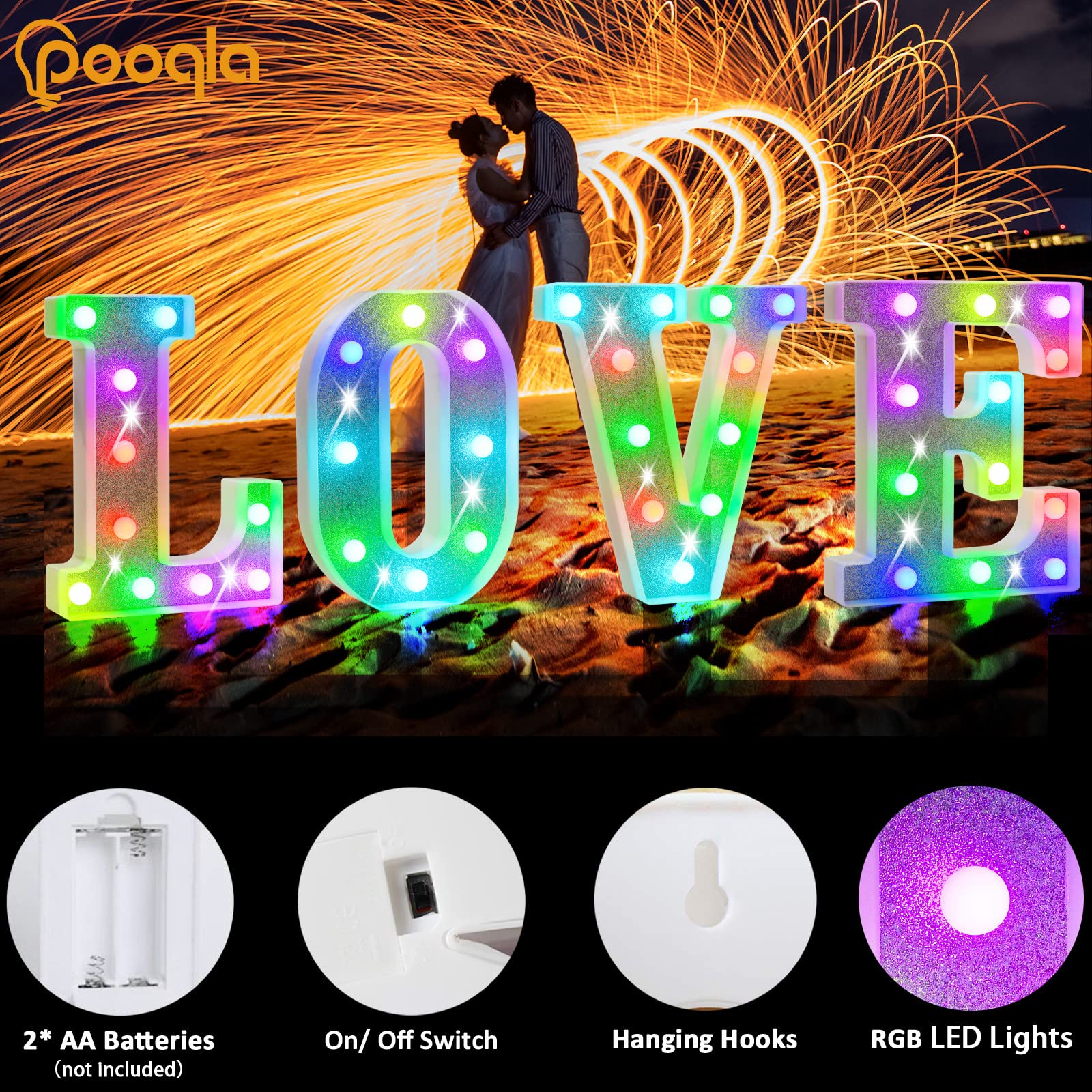 Pooqla LED Letter Lights, Colorful Marquee Signs with Remote, Battery Powered, Glitter Silver Finish