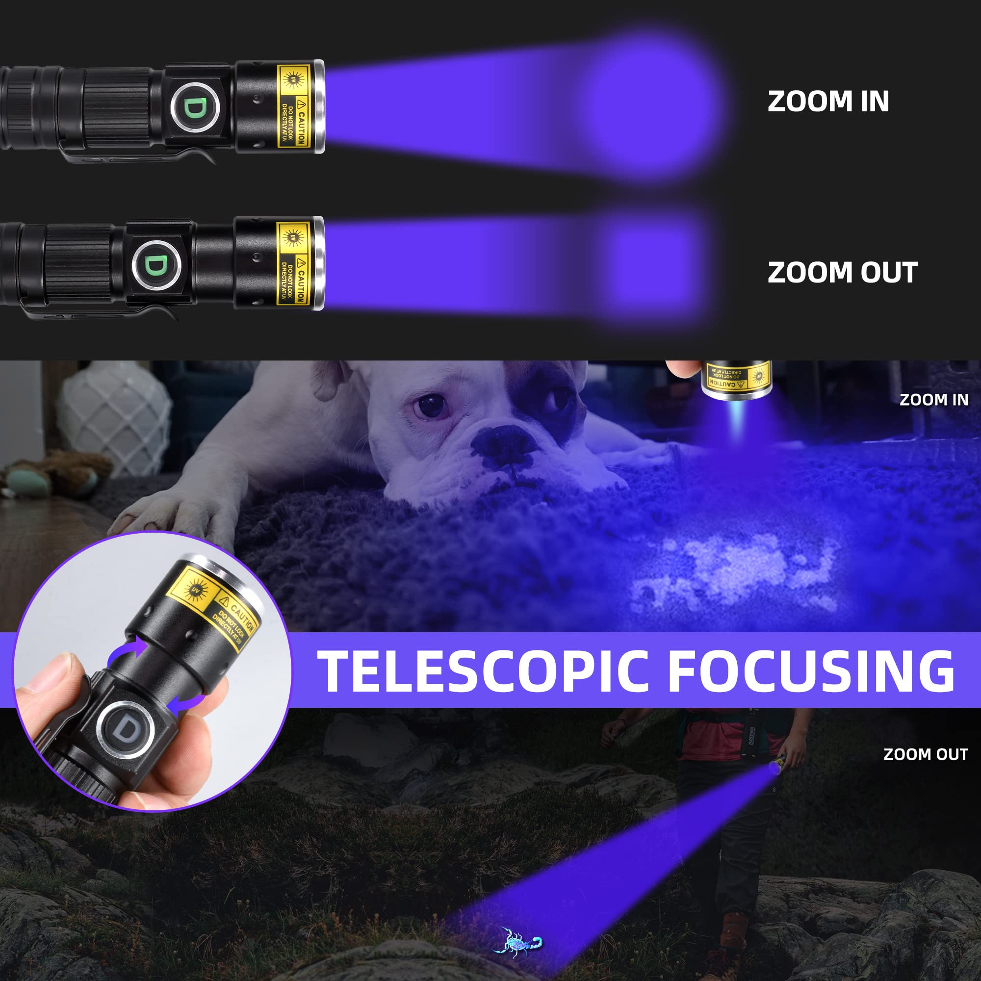 DARKDAWN UV 365nm Black Light Flashlight, USB Rechargeable, Portable Mini, Aluminum, D15 Model, Ideal for Stain Detection, 1-Pack