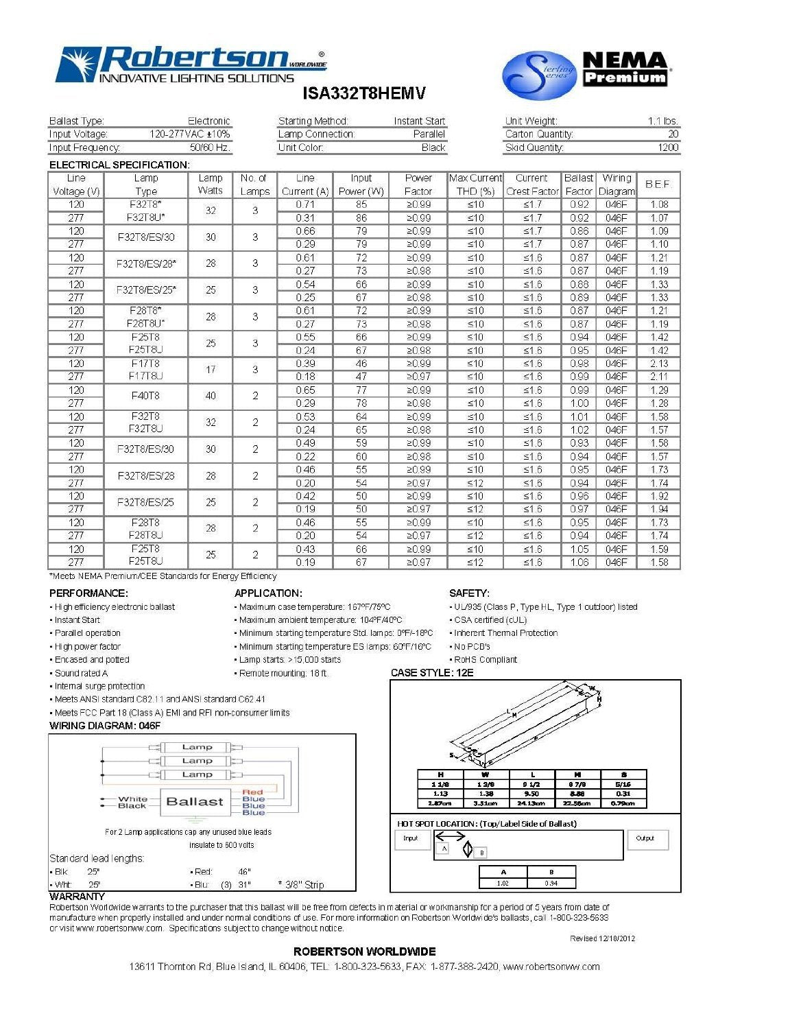 Robertson 3P20167 Fluorescent Eballast For 3 F32T8 Linear Lamps, Instant Start, 120-277Vac, 50-60Hz, Normal Ballast Factor, Hpf, Nema Premium, Model Isa332T8Hemv /A (Successor To Robertson 3P20015)