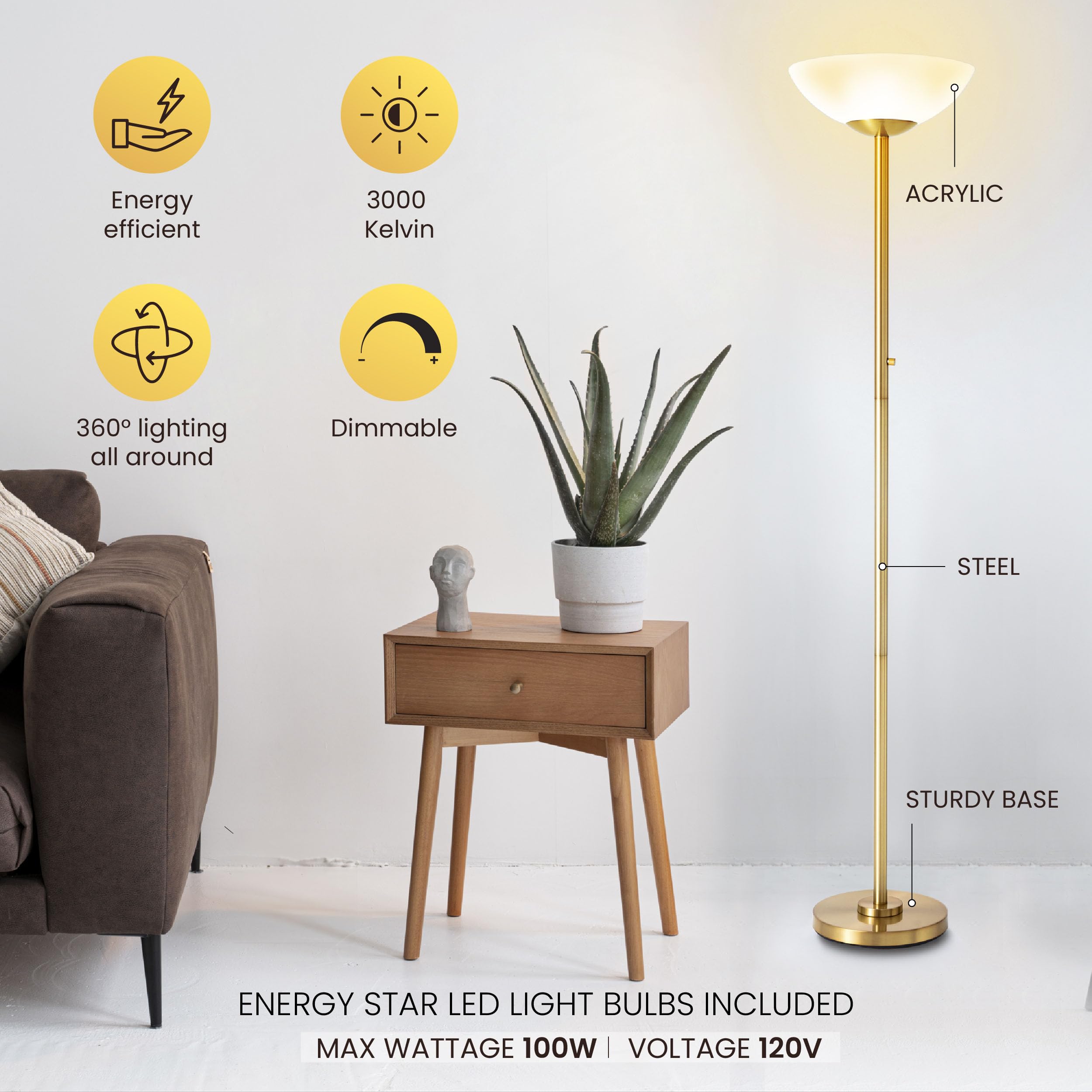 Superlamp Super Bright Floor Lamp 8000 Lumen Dimmable, Modern Design, Alloy Steel, White, Model 6028