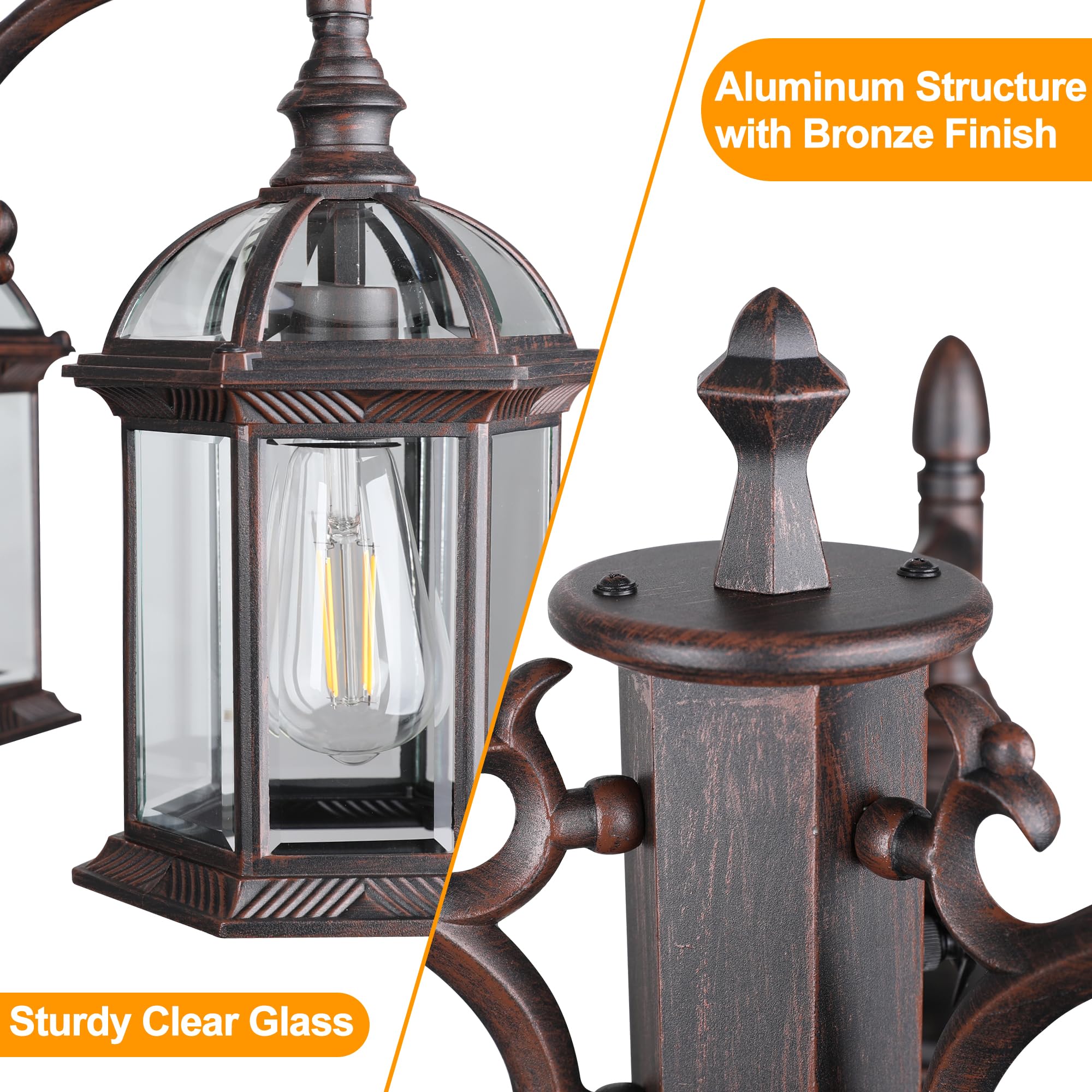 PARTPHONER Outdoor Lamp Post Light, Triple Head, 7ft Aluminum, Birdcage Bronze, Model PAPO075AZ1, Waterproof with GFCI Outlet