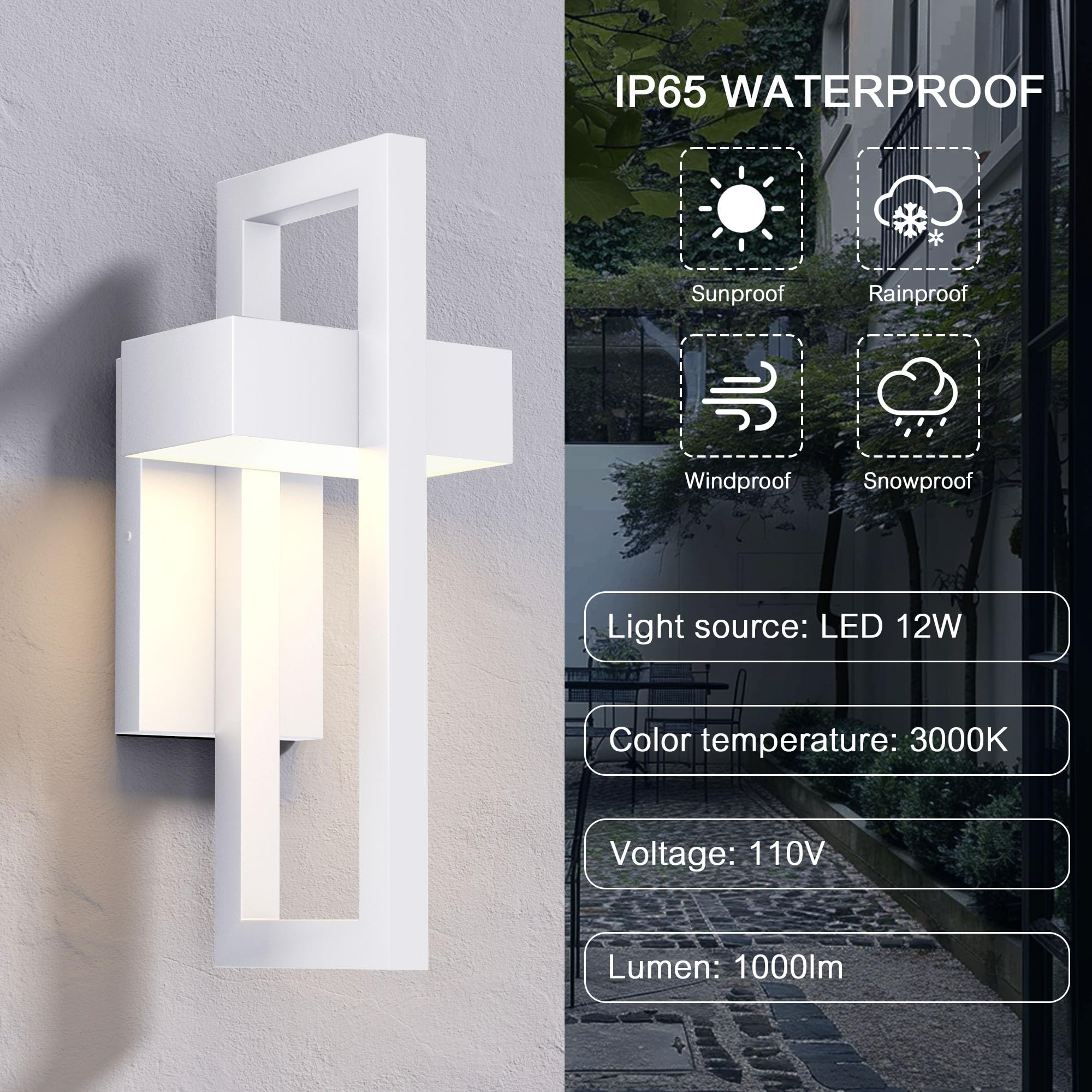LamQee Modern Outdoor Wall Lights, 3000K LED, 2 Packs, Matte White, Model 06FTL0247, Contemporary Wall Mount Sconces for Porch, Garage