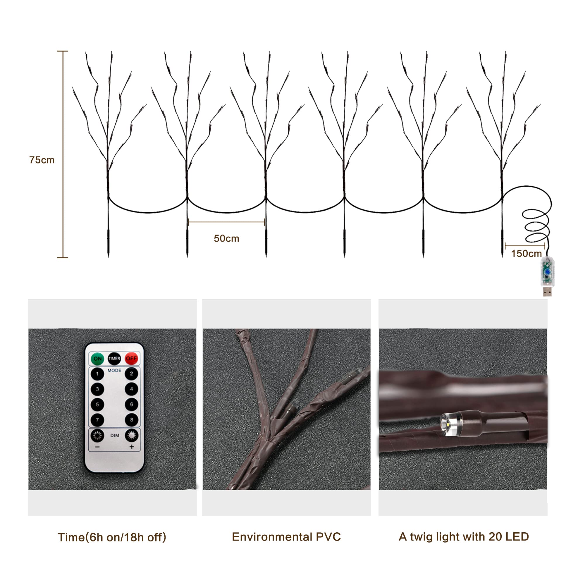 MENCH Branch Lights,6 Pcs Twig Light USB&Battery Powered 8 Flashing Modes by Remote Control.Branch Lights for Indoor and Outdoor