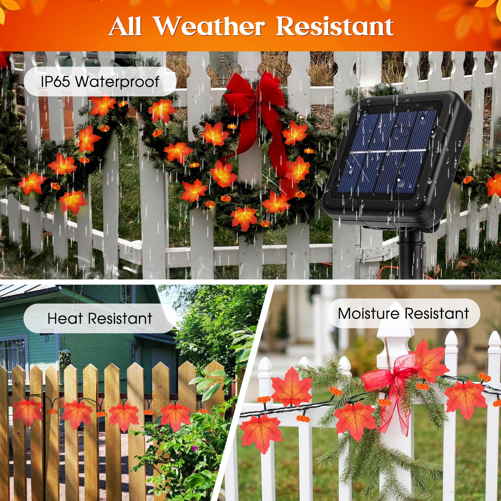 Fall Solar Lights Outdoor Decorative, 39Ft 100 Leds And 8 Modes Solar Lights Thanksgiving Decorations Outdoor Maple Pumpkin String Garland For Autumn Outside Garden Harvest Party Halloween Decor