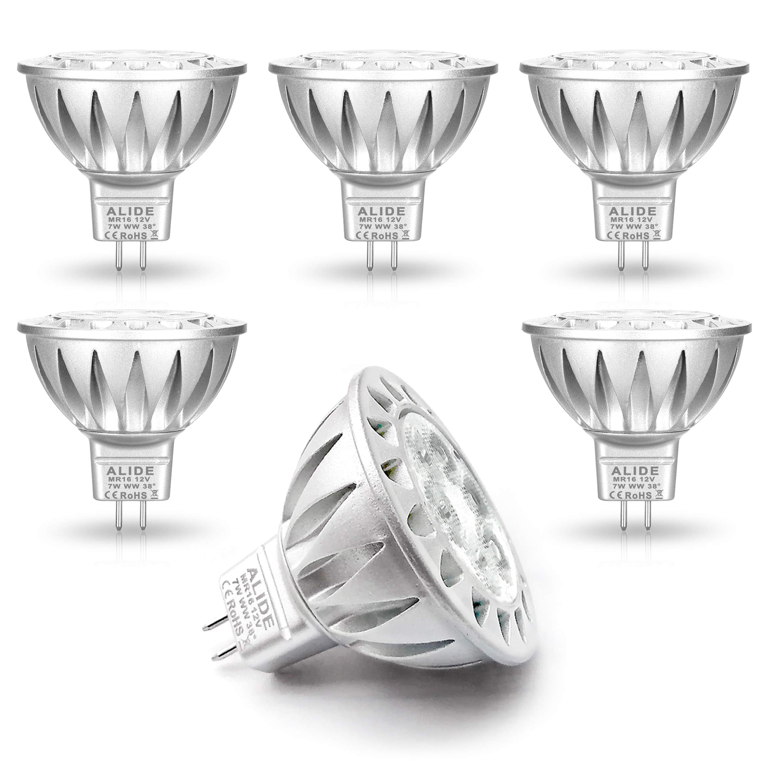 ALIDE MR16 LED Bulbs 7W Warm White 2700K 560lm 12V 6 Pack, Aluminum, Model ALD0619D