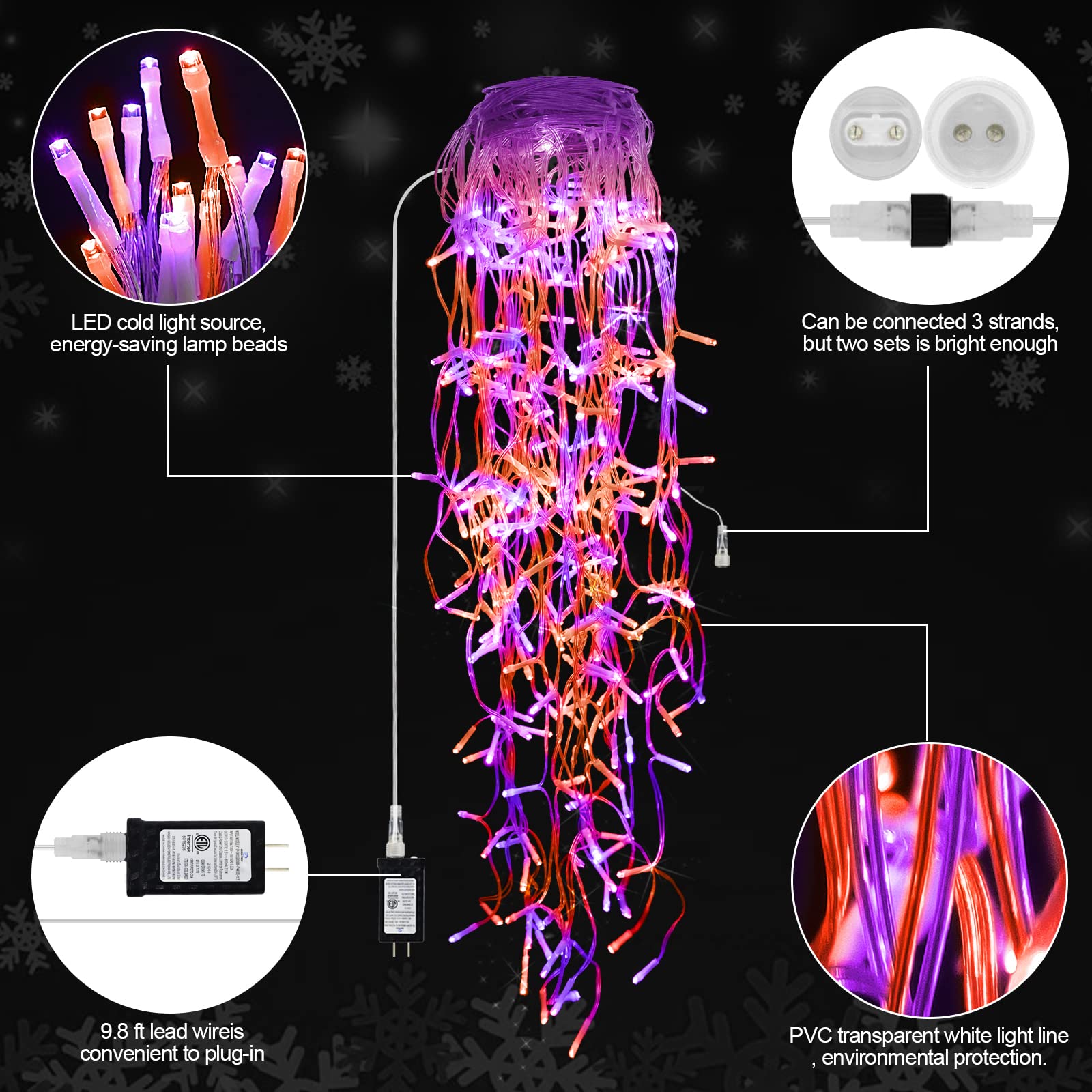 Jxledayy 65 Ft 640 Led Halloween Lights Outdoor Decorations Clear Wire String Lights Plug In 120 Drops 8 Modes Memory Timer Curt