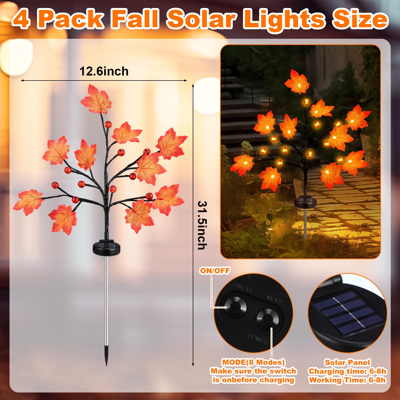 Rossesay 4 Pack Outdoor Fall Solar Lights Decorations Thanksgiving Waterproof Orange Maple Leaf Lights  Autumn Artificial Tree For Halloween Christmas Party Yard Garden Decor  10 Led 8 Modes