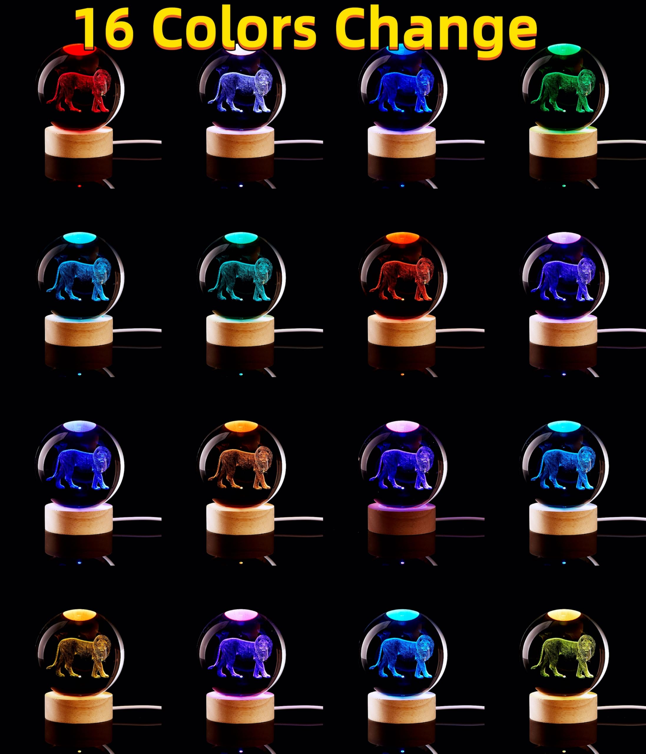 3D Crystal Ball Lamp With Lifelike Led Lion, 16 Color Changing Light, Dimmable Remote Control