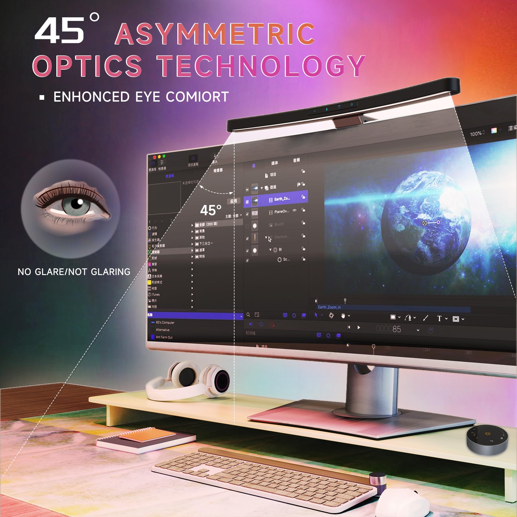 ONWAY Curved Monitor Light Bar with Wireless Remote,Monitor Light Bar with Auto-Dimming and Camera Base,Applicable to All Screen