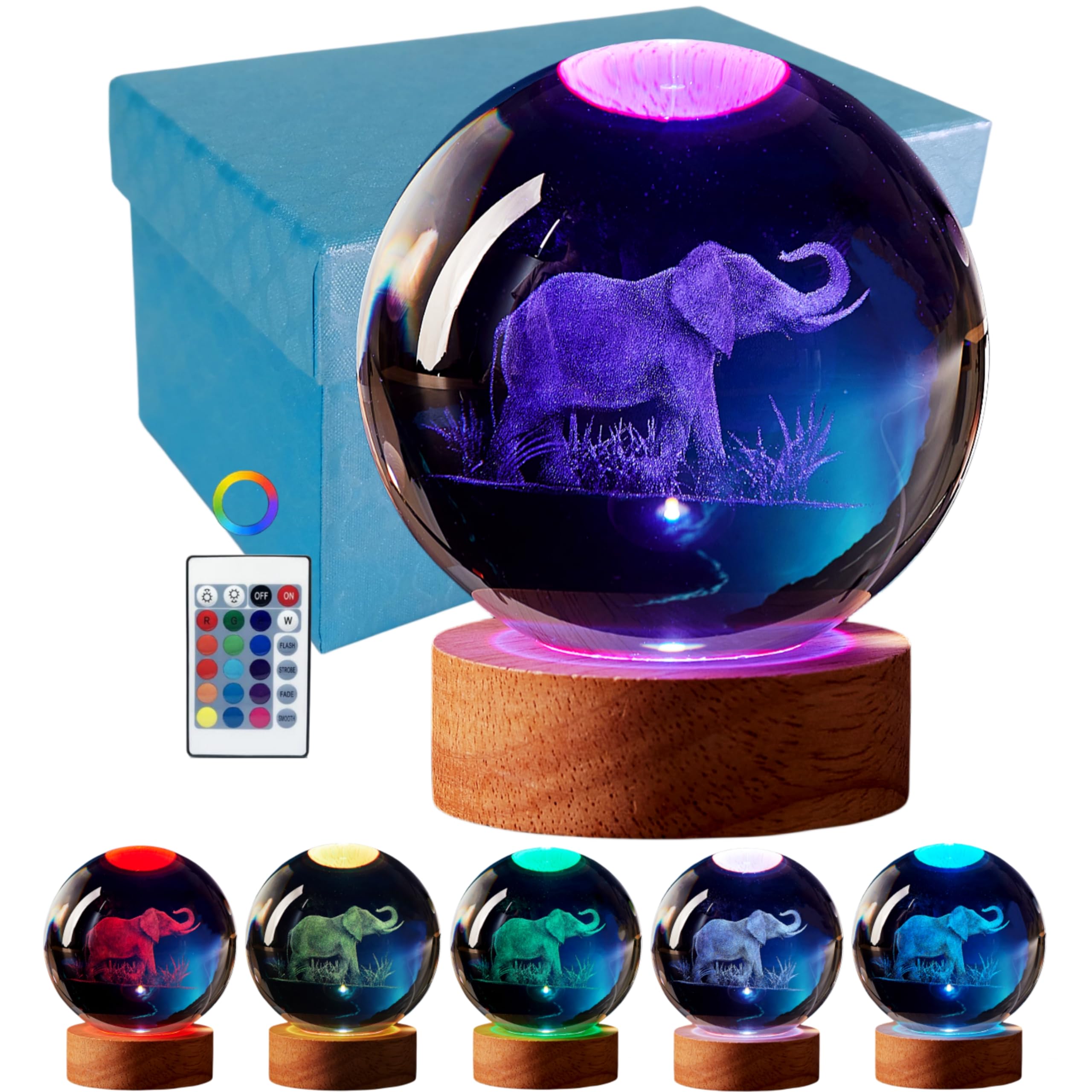 3D Elephant Crystal Ball Lamp, Upgraded 3.15 Inch Elephant Crystal Ball Night Light with 16 Colors LED Wooden Base, Remote Contr
