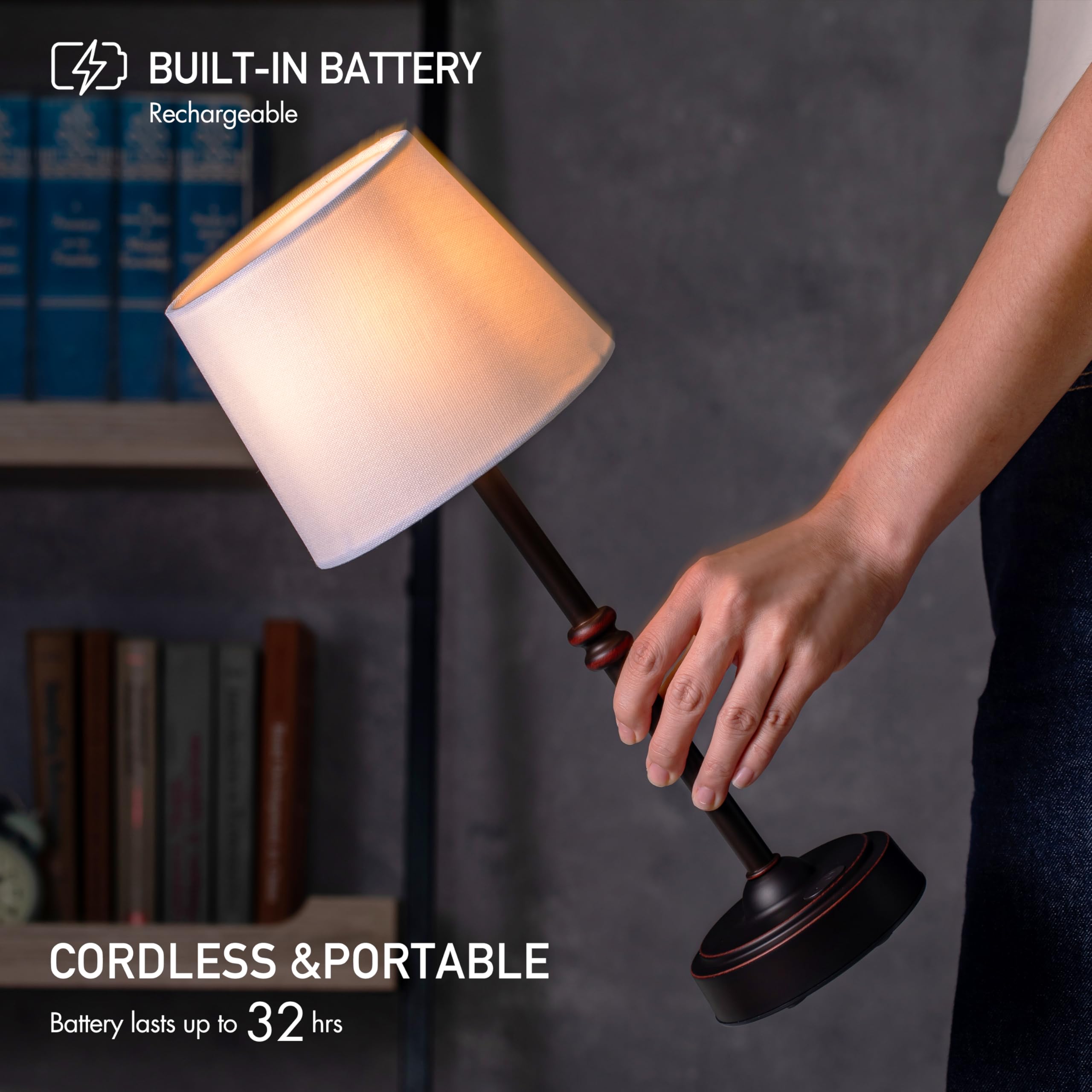 O'Bright Cordless LED Table Lamp with Dimmer, Rechargeable Battery, Oil-Rubbed Bronze, Model OB-TL19B