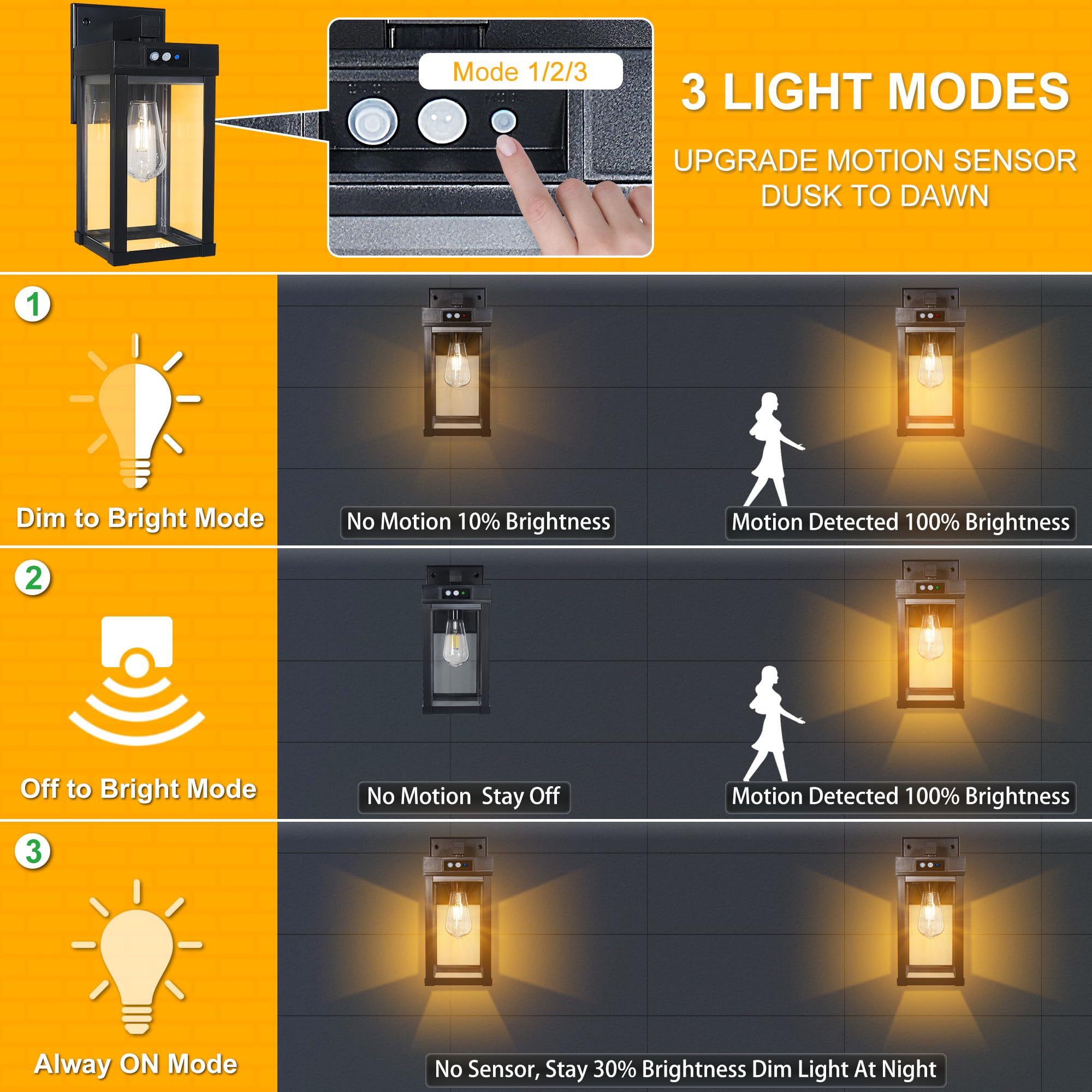 Kuniwa Solar Wall Lights Outdoor, Solar Sconce Lights With 3 Lighting Modes, Dusk To Dawn Exterior Porch Light Fixtures, Wall Mo