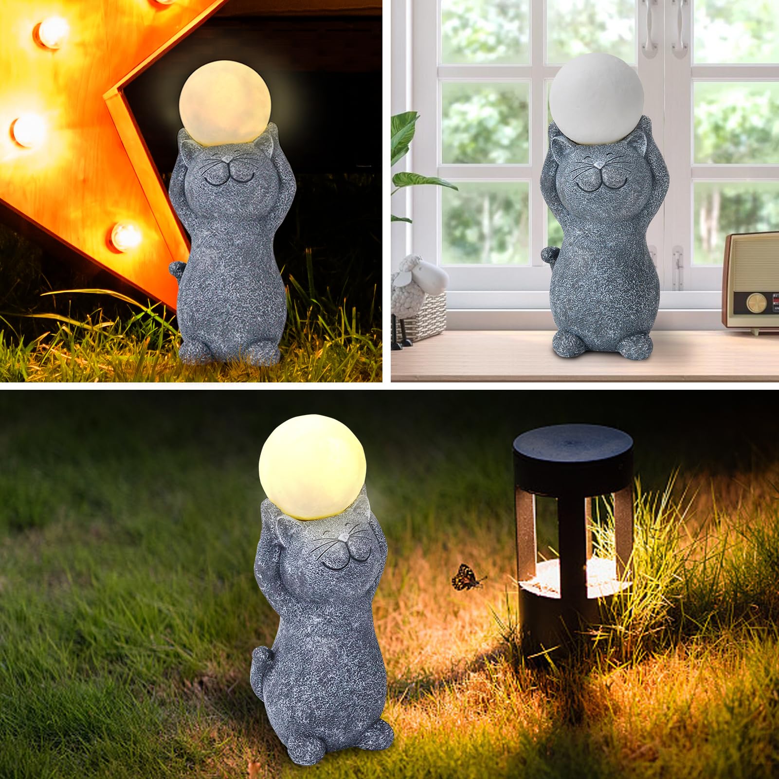 Solar Garden Decor Cat Moon Outdoor Statue And Figurine Lights, Outdoor Patio Sculpture Decor Led Light Gifts For Mom Or Daughte