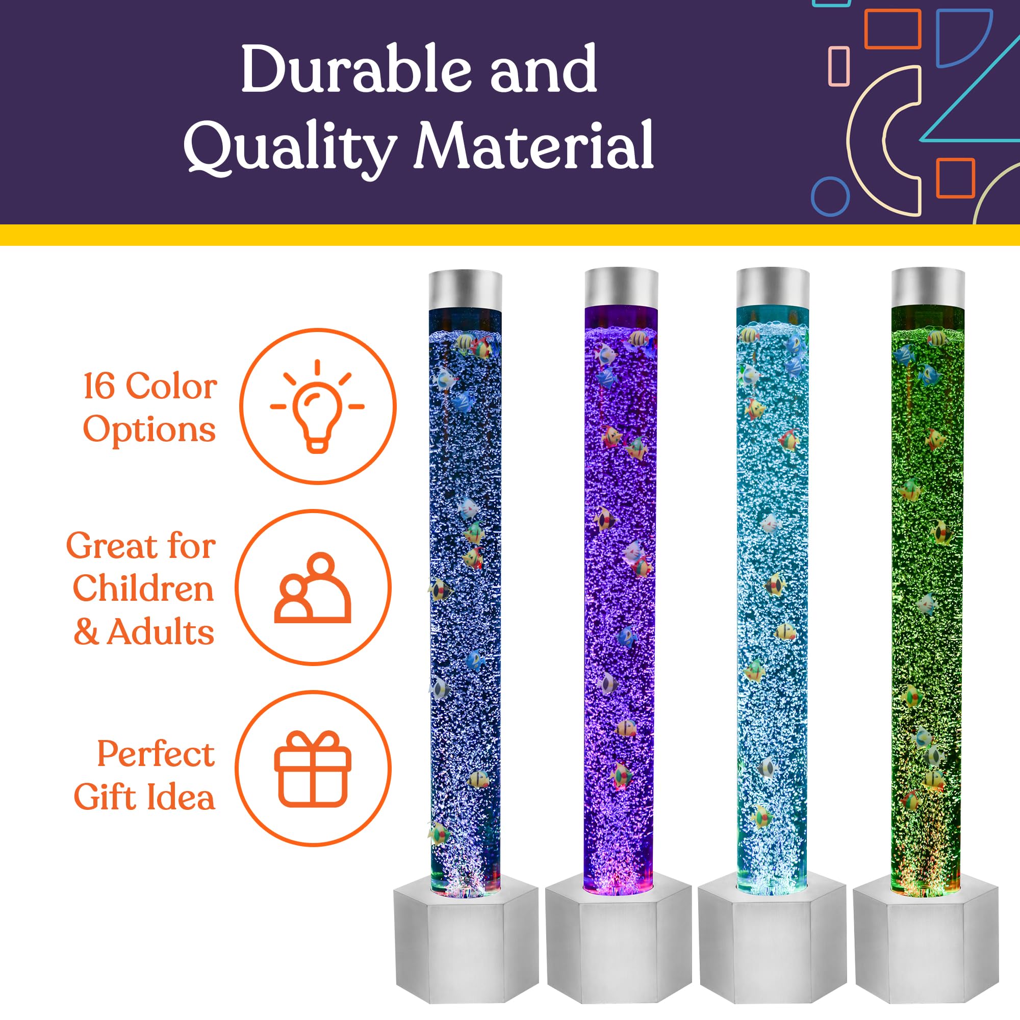Special Supplies Sensory Bubble Tube with 16 LED Color Changing Lights, 5 ft Floor Lamp, Stainless Steel Base, Includes 12 Fish