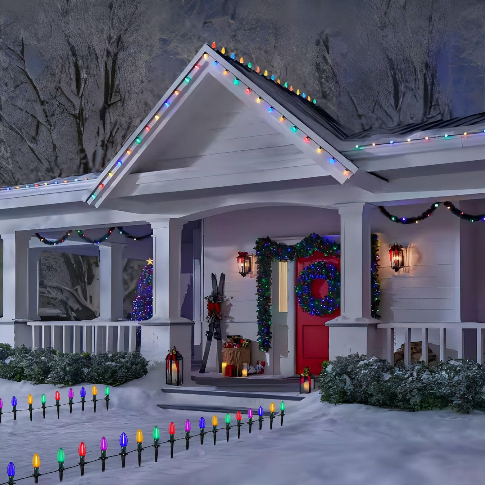 38Ft C9 Led Christmas Pathway Lights Outdoor, 25 C9 Led Multicolor Bulbs String Lights Waterproof With Stakes, Connectable Chris