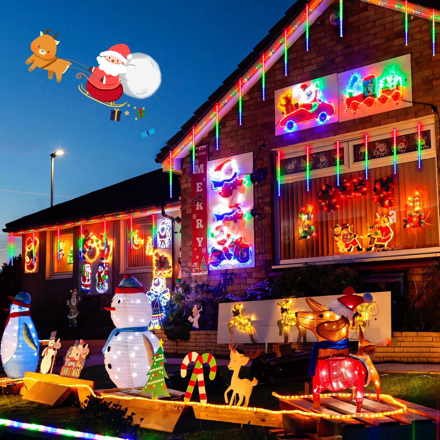 Jmexsuss 2 Pack Solar Meteor Shower Lights, 16 Tube 288 Led Multicolor Meteor Christmas Lights, Solar Christmas Lights Outdoor Waterproof For Tree Christmas Decorations