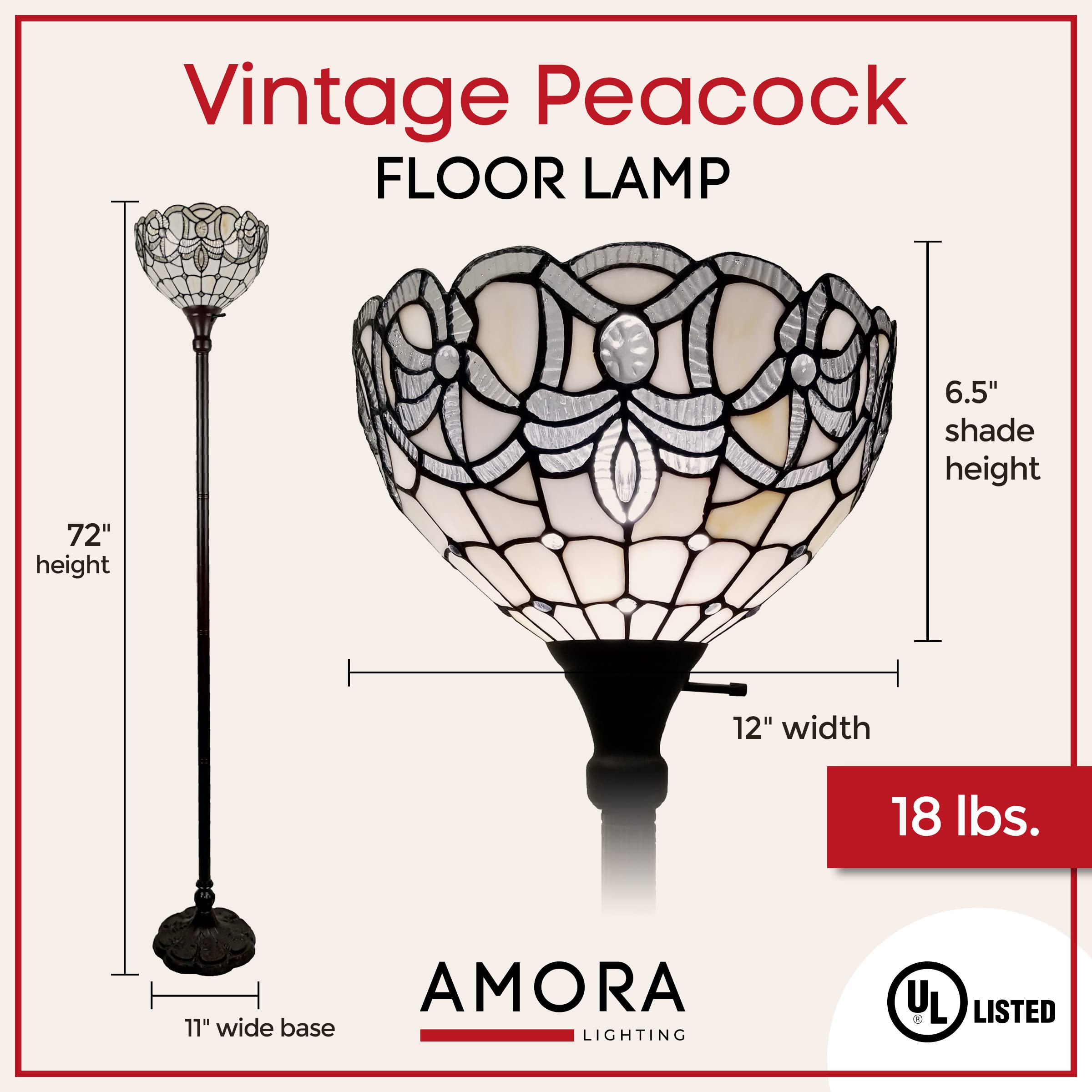 Amora Tiffany Floor Lamp Torchiere - Vintage Standing Light Floor Lamp - 72  Peacock Floor Stained Glass Lamp - Tiffany Floor Lamps For Living Room